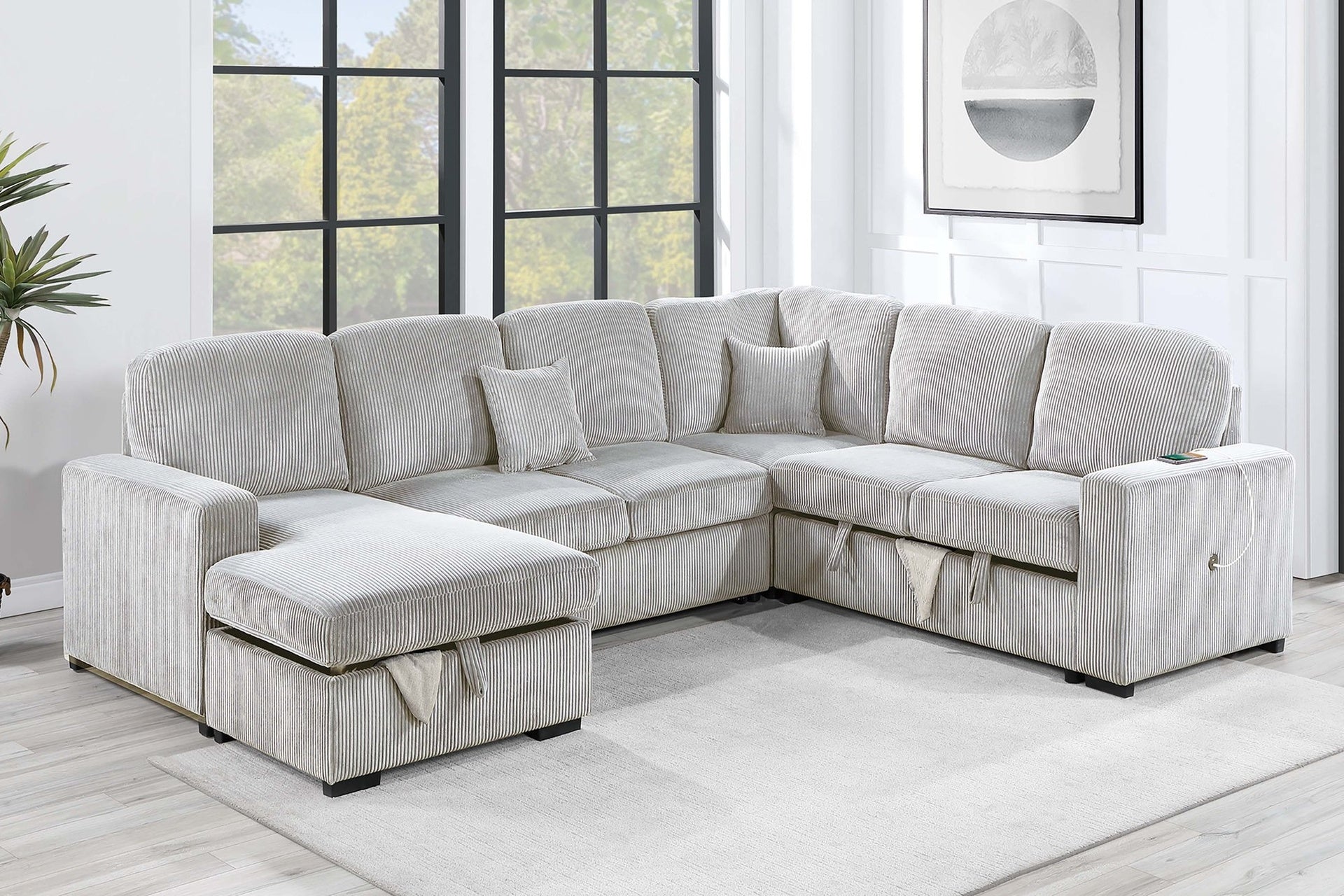 Modern Design 4pc Convertible Sectional Storage Compartment Matching Pillow Pull Out Bed USB Port Corduroy Upholstered Ivory Finish Primary Living Room
