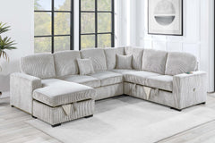 Modern Design 4pc Convertible Sectional Storage Compartment Matching Pillow Pull Out Bed USB Port Corduroy Upholstered Ivory Finish Primary Living Room