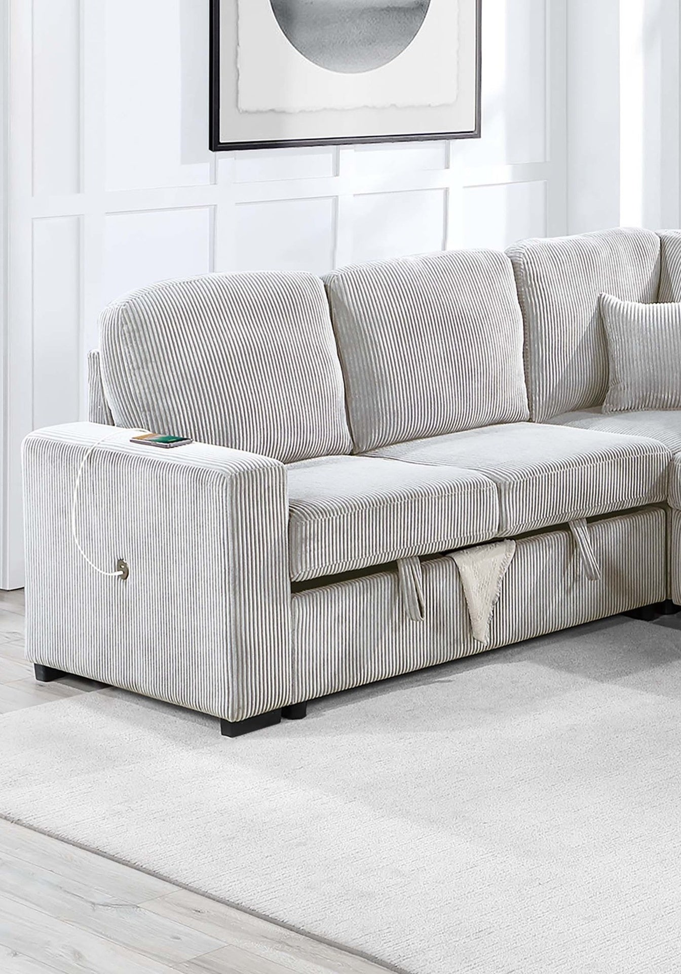 Modern Design 4pc Convertible Sectional Storage Compartment Matching Pillow Pull Out Bed USB Port Corduroy Upholstered Ivory Finish Primary Living Room