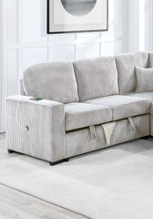 Modern Design 4pc Convertible Sectional Storage Compartment Matching Pillow Pull Out Bed USB Port Corduroy Upholstered Ivory Finish Primary Living Room