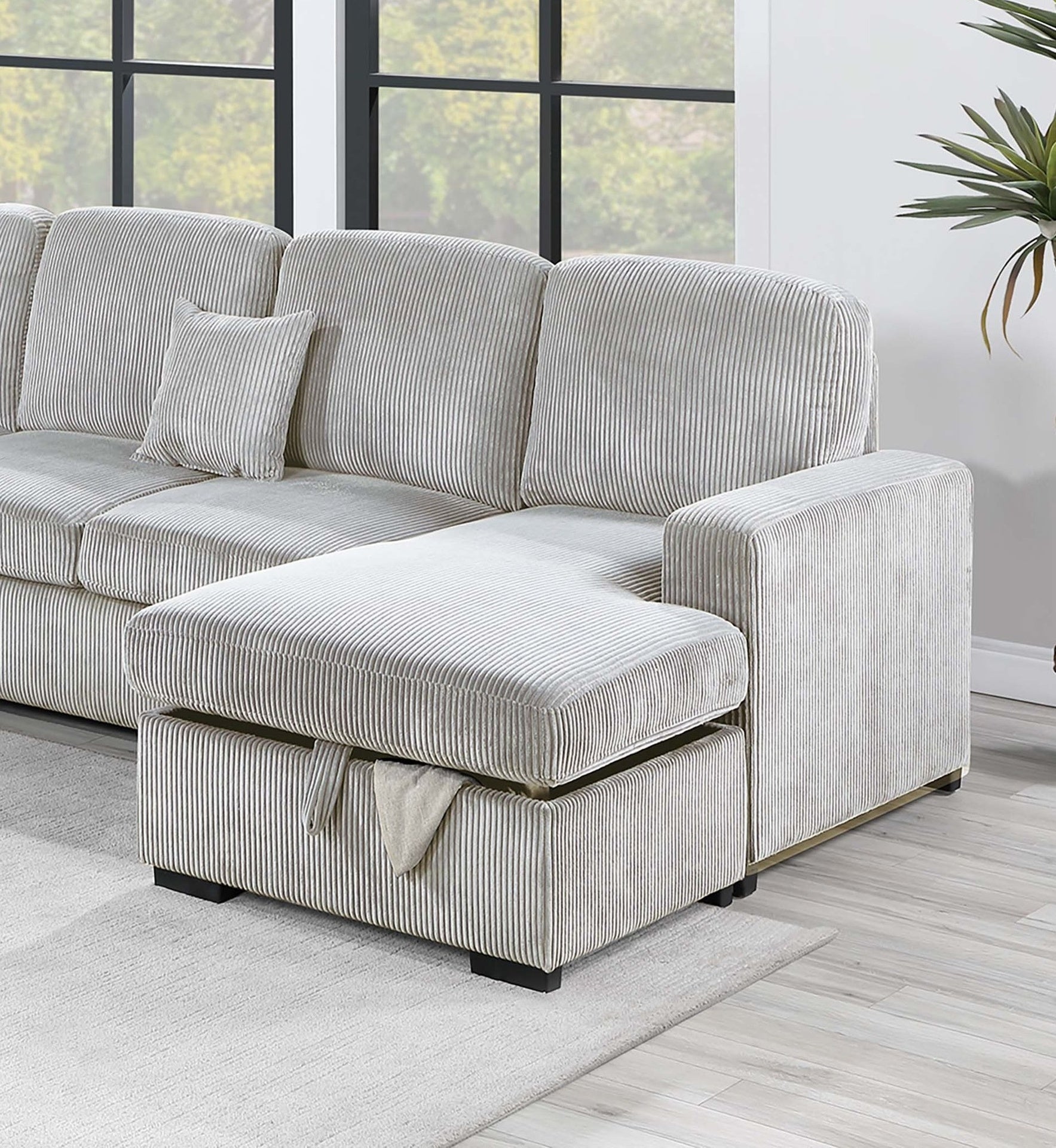 Modern Design 4pc Convertible Sectional Storage Compartment Matching Pillow Pull Out Bed USB Port Corduroy Upholstered Ivory Finish Primary Living Room