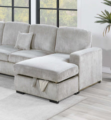 Modern Design 4pc Convertible Sectional Storage Compartment Matching Pillow Pull Out Bed USB Port Corduroy Upholstered Ivory Finish Primary Living Room