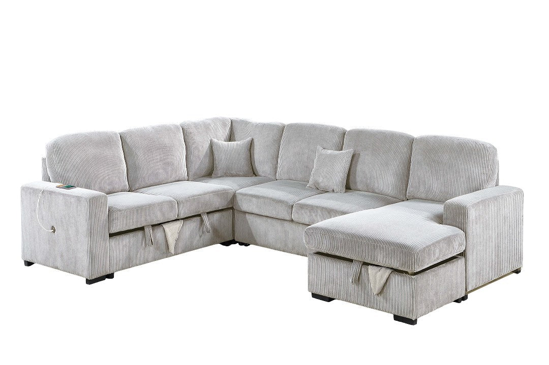 Modern Design 4pc Convertible Sectional Storage Compartment Matching Pillow Pull Out Bed USB Port Corduroy Upholstered Ivory Finish Primary Living Room