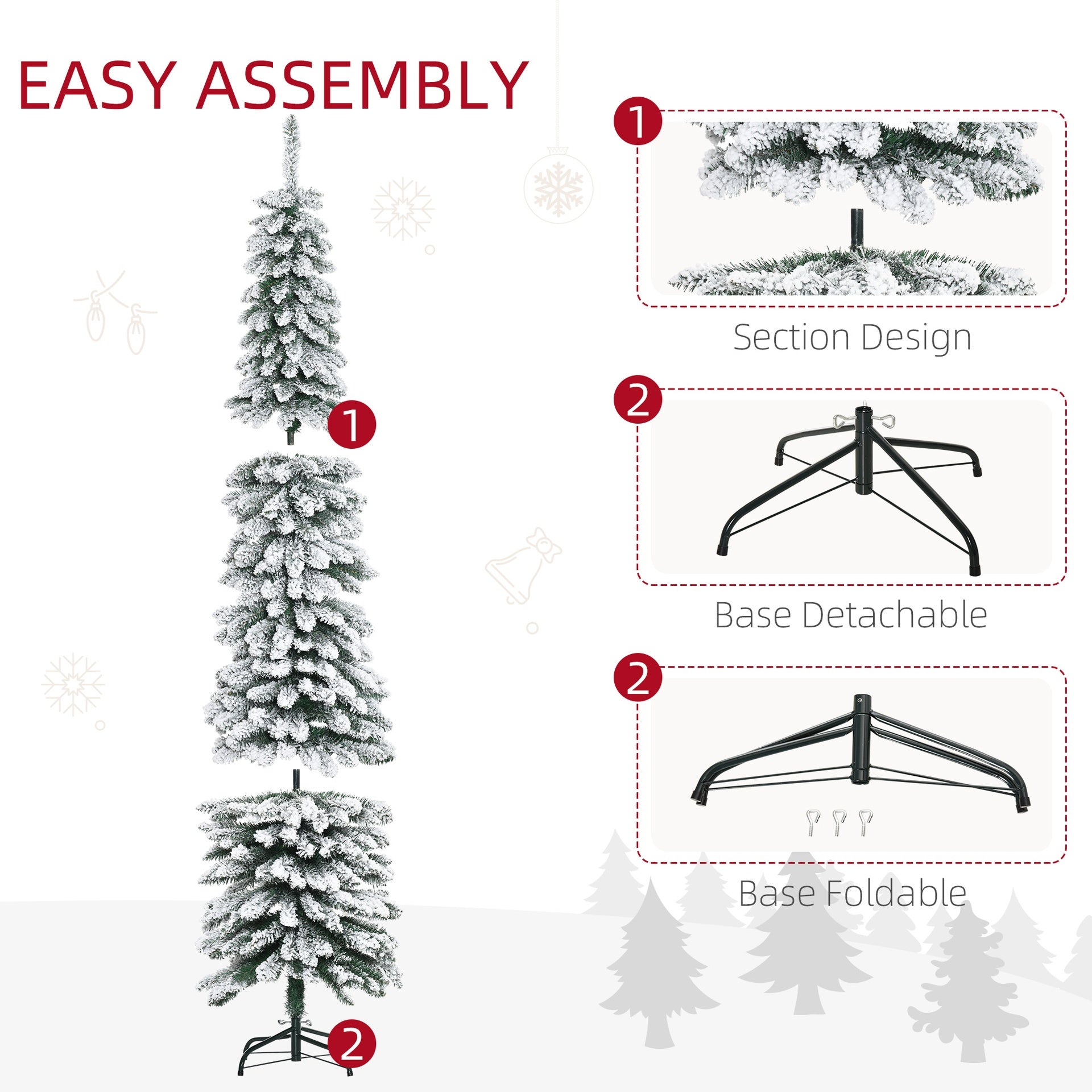 HOMCOM 7' Tall Unlit Slim Pencil Xmas Tree, Snow-Flocked Artificial Christmas Tree with Realistic Branches and 603 Tips, Green