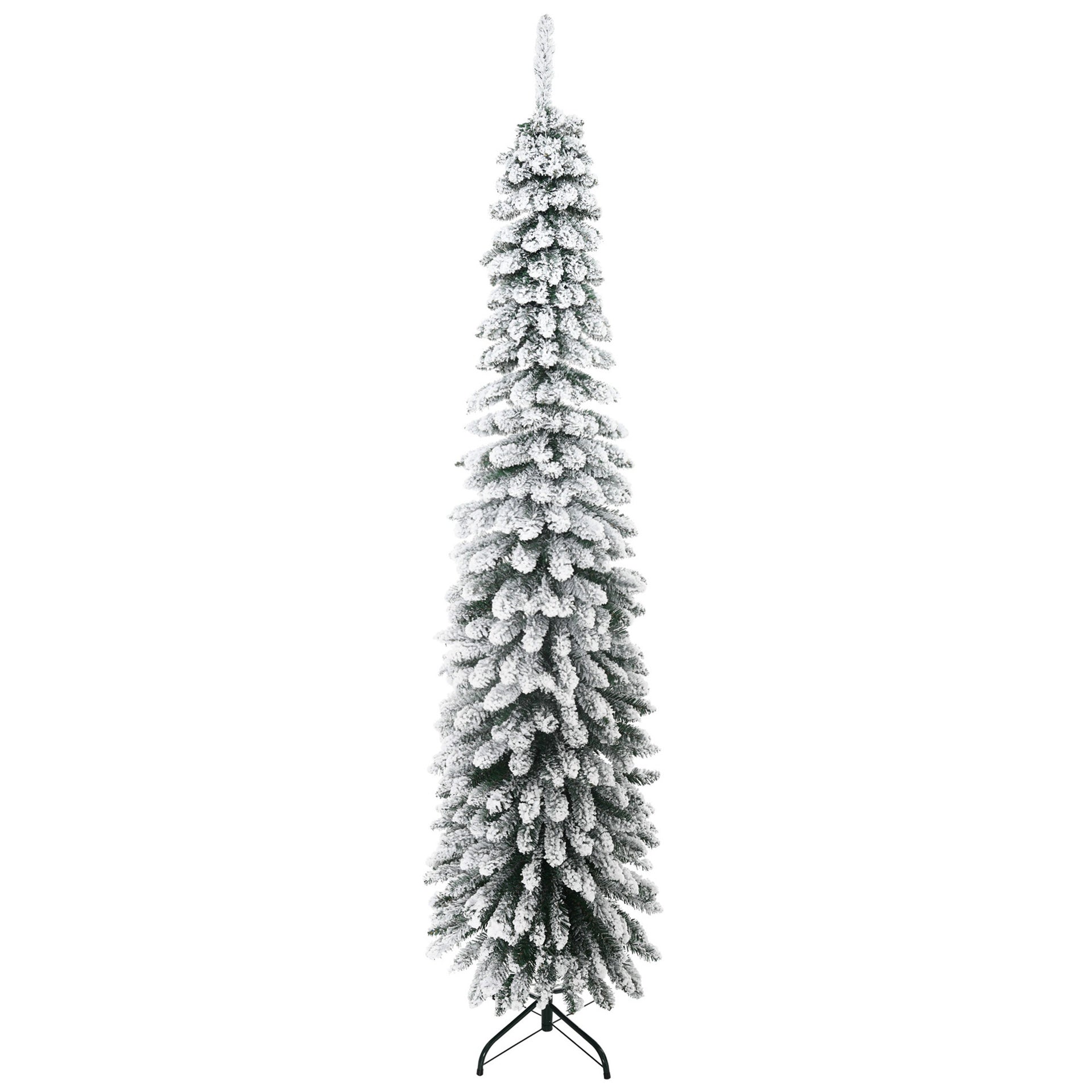 HOMCOM 7' Tall Unlit Slim Pencil Xmas Tree, Snow-Flocked Artificial Christmas Tree with Realistic Branches and 603 Tips, Green