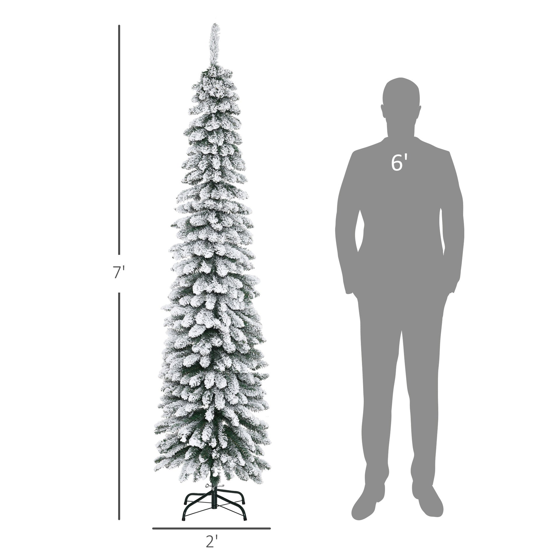 HOMCOM 7' Tall Unlit Slim Pencil Xmas Tree, Snow-Flocked Artificial Christmas Tree with Realistic Branches and 603 Tips, Green