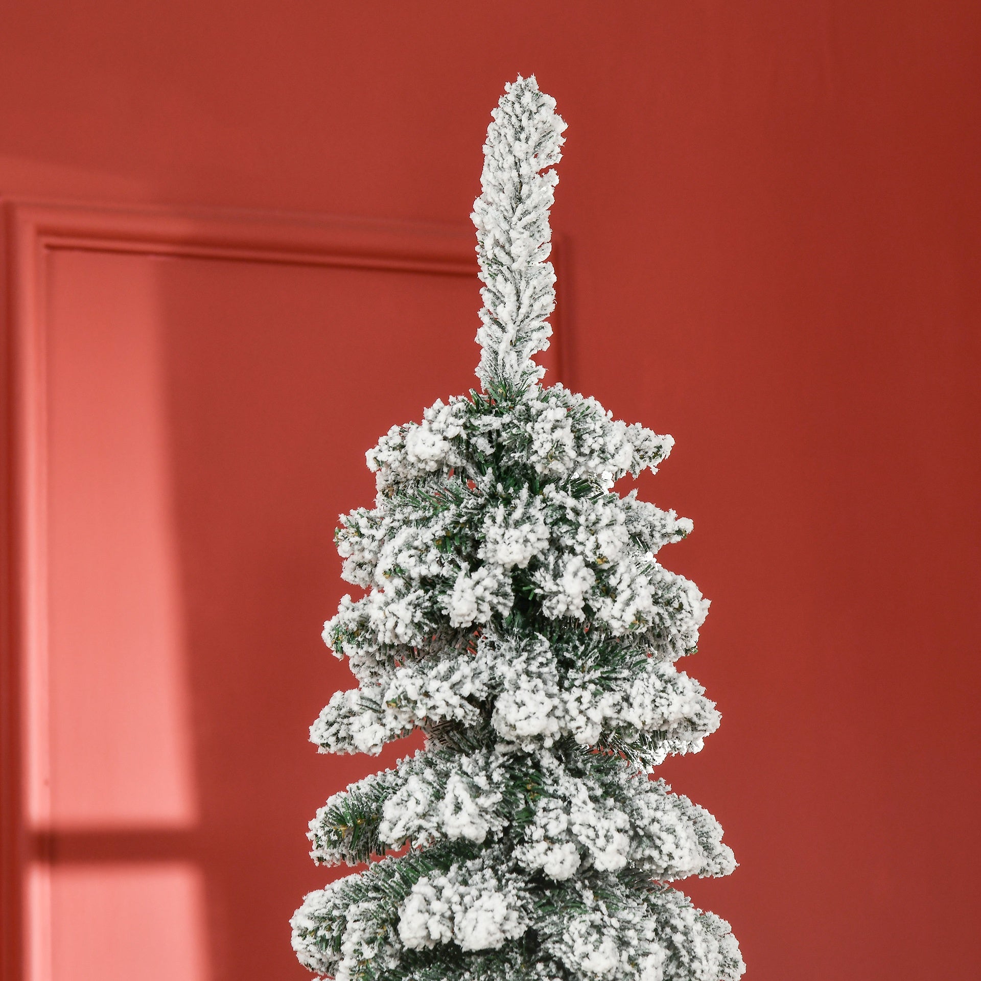 HOMCOM 7' Tall Unlit Slim Pencil Xmas Tree, Snow-Flocked Artificial Christmas Tree with Realistic Branches and 603 Tips, Green