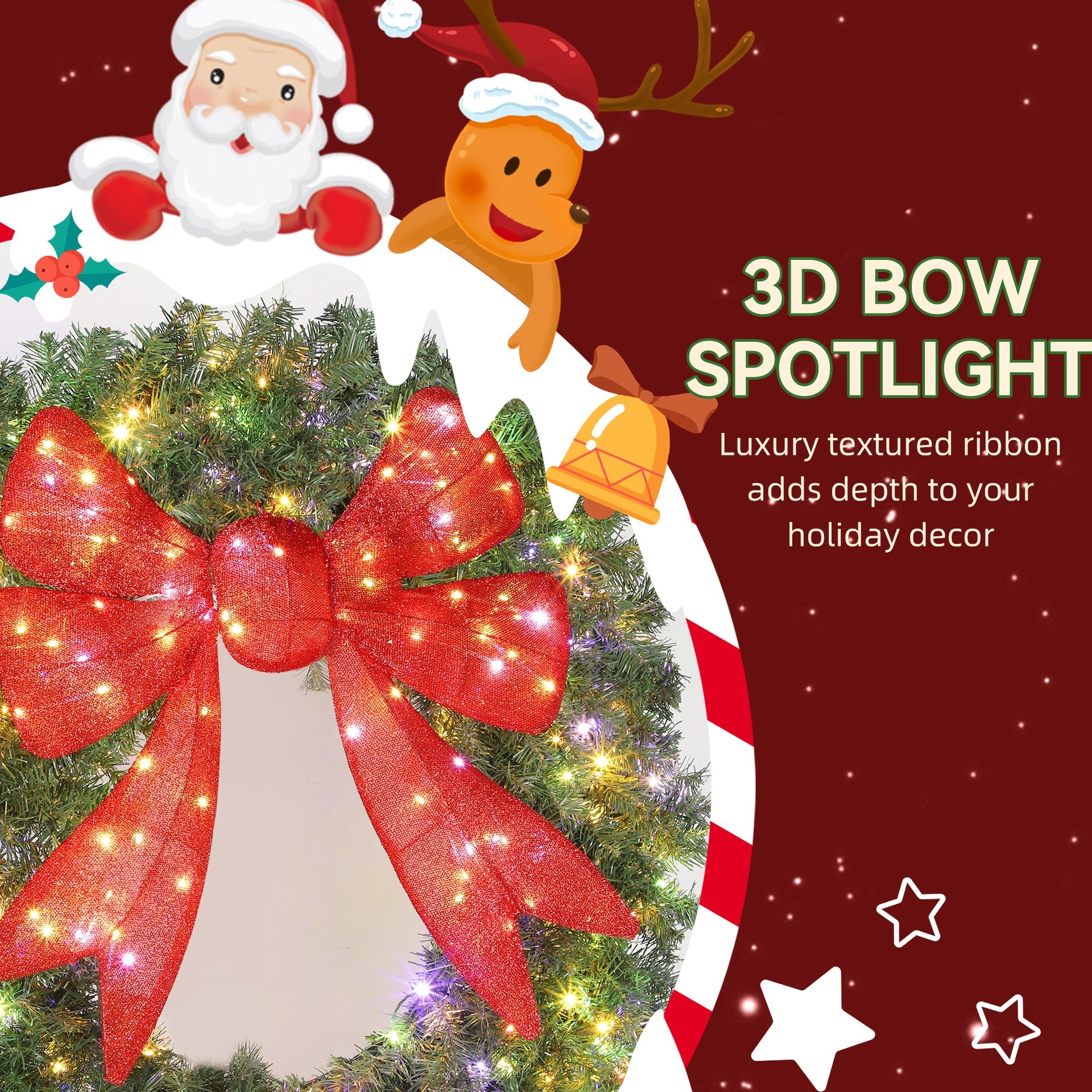 HOMCOM 48in Pre-Lit Christmas Wreath with 3D Red Bow, 11 Lighting Modes, Front Door Christmas Wreath with Remote