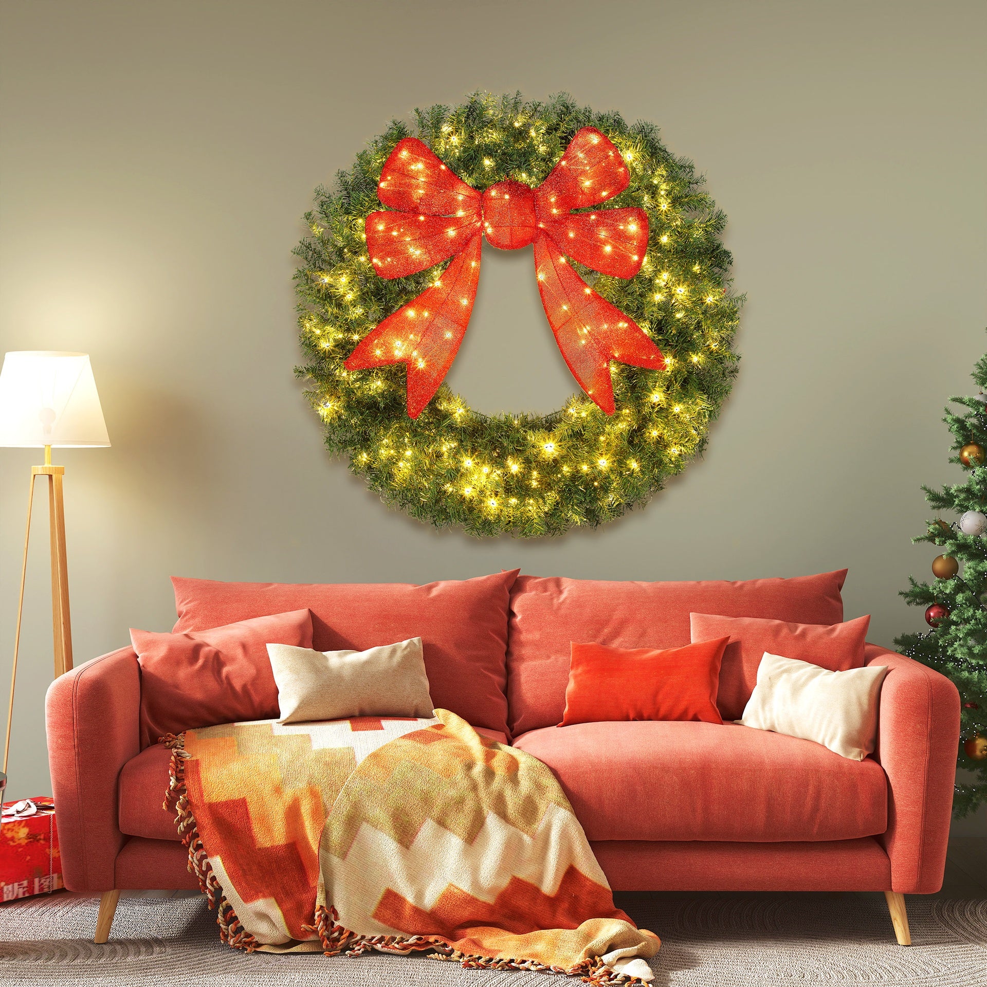 HOMCOM 48in Pre-Lit Christmas Wreath with 3D Red Bow, 11 Lighting Modes, Front Door Christmas Wreath with Remote