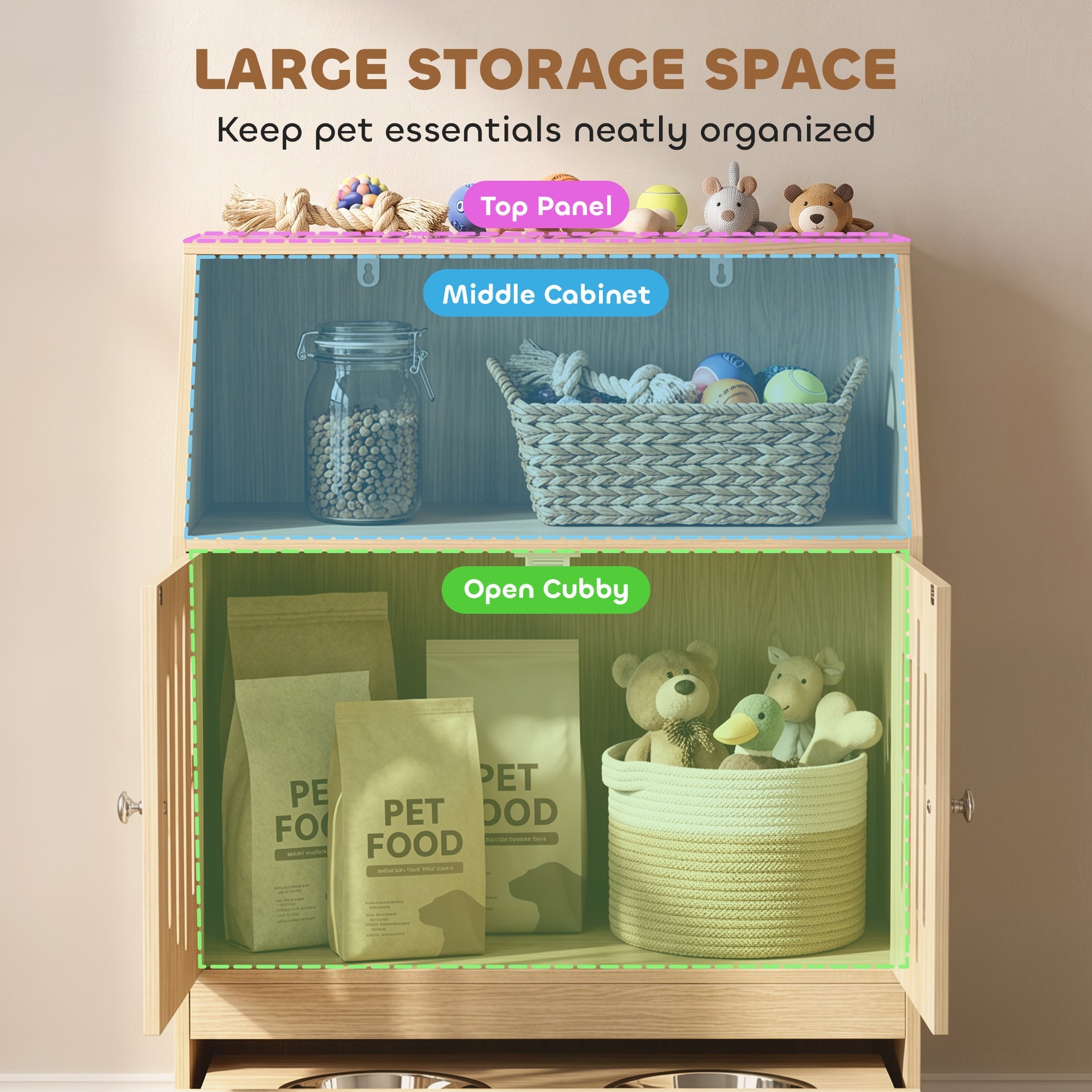 PawHut Dog Feeding Station, Pet Food Storage Cabinet with 2 Elevated Bowls & Slow-Feed Mat for Dogs & Cats