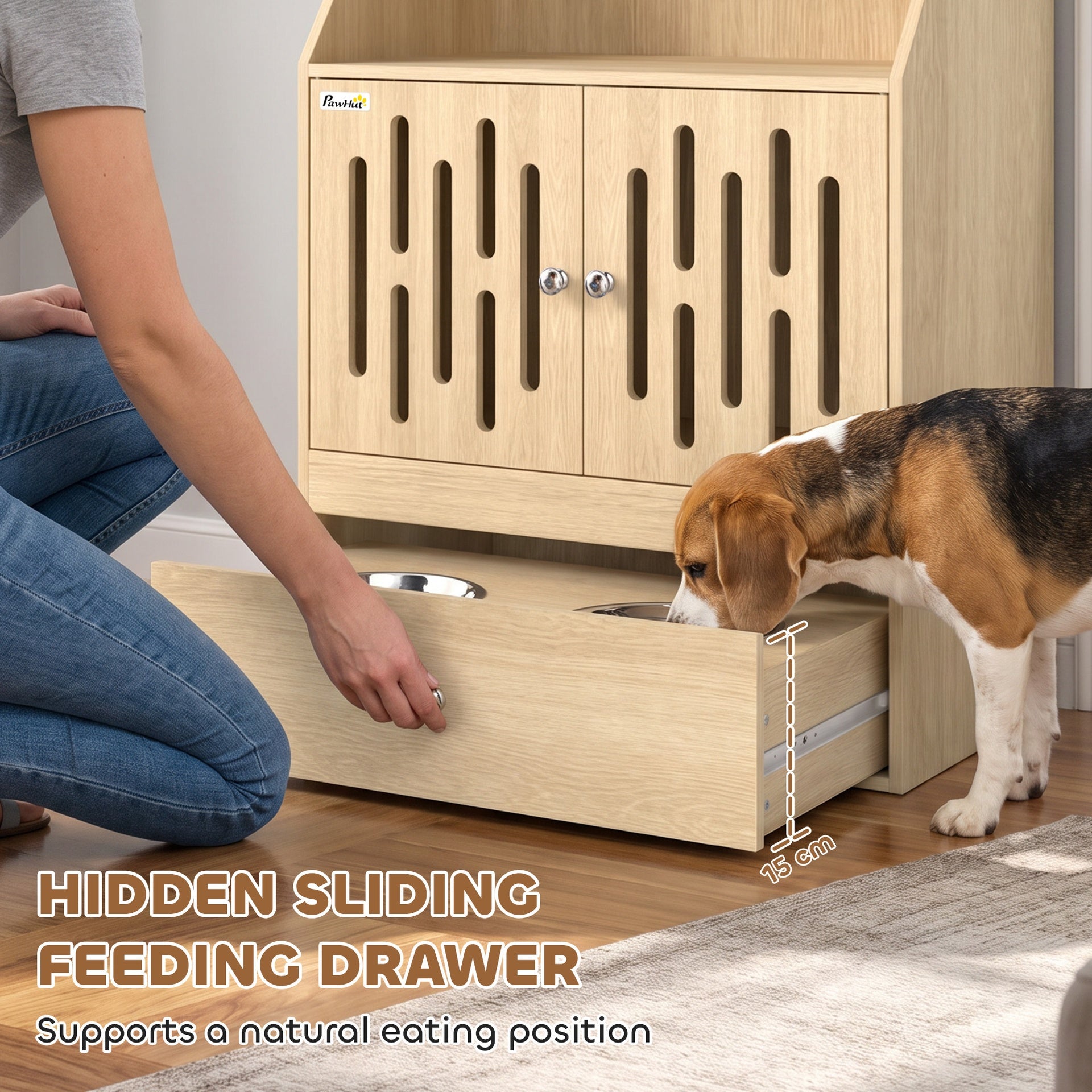 PawHut Dog Feeding Station, Pet Food Storage Cabinet with 2 Elevated Bowls & Slow-Feed Mat for Dogs & Cats