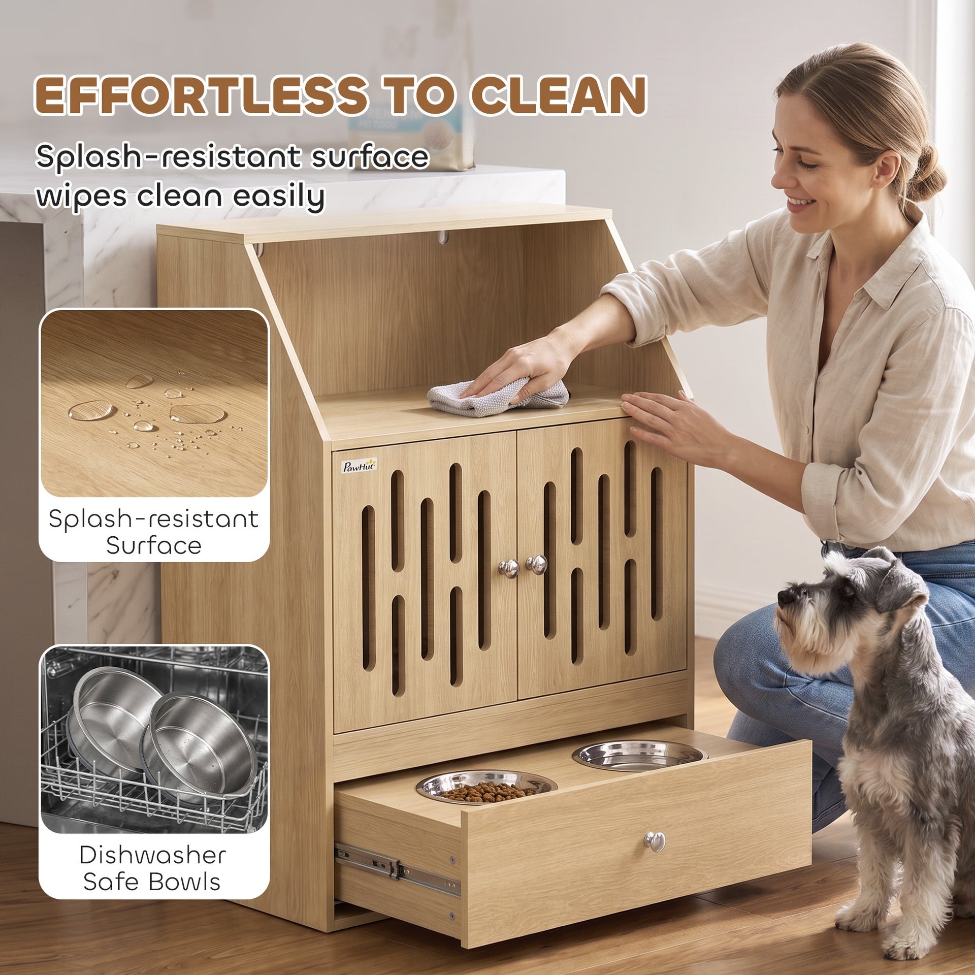 PawHut Dog Feeding Station, Pet Food Storage Cabinet with 2 Elevated Bowls & Slow-Feed Mat for Dogs & Cats