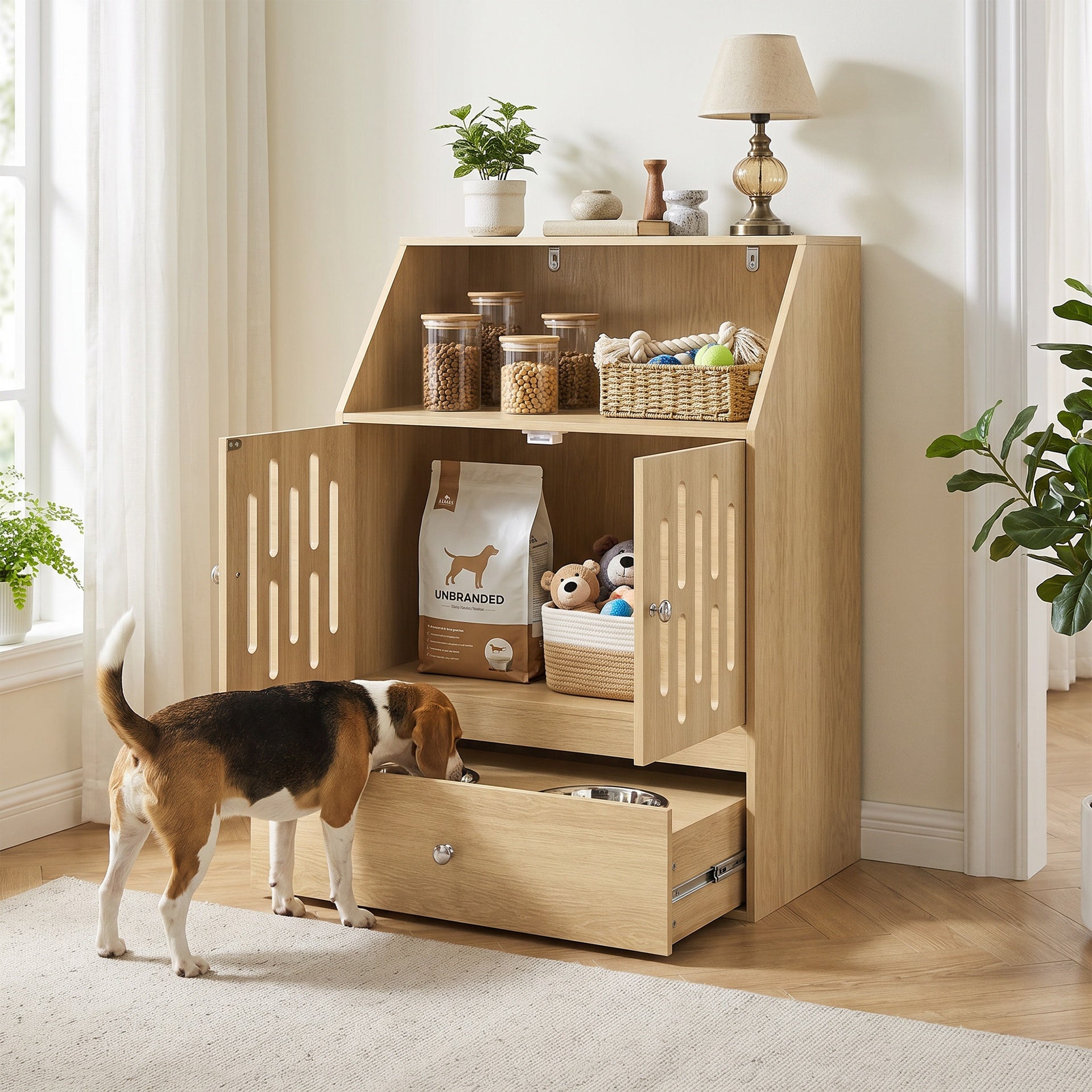 PawHut Dog Feeding Station, Pet Food Storage Cabinet with 2 Elevated Bowls & Slow-Feed Mat for Dogs & Cats