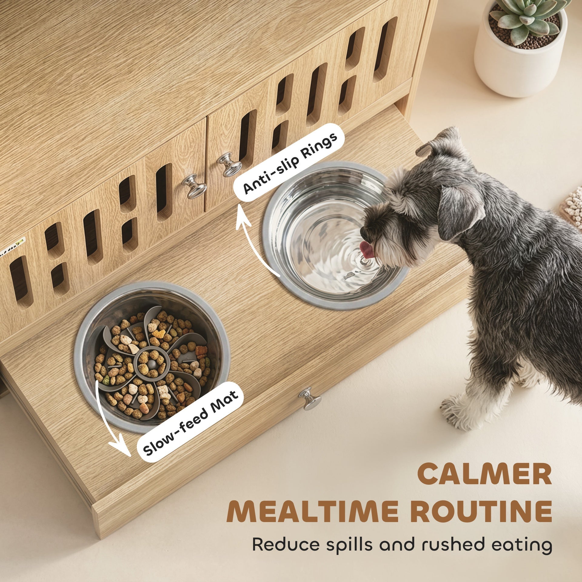 PawHut Dog Feeding Station, Pet Food Storage Cabinet with 2 Elevated Bowls & Slow-Feed Mat for Dogs & Cats