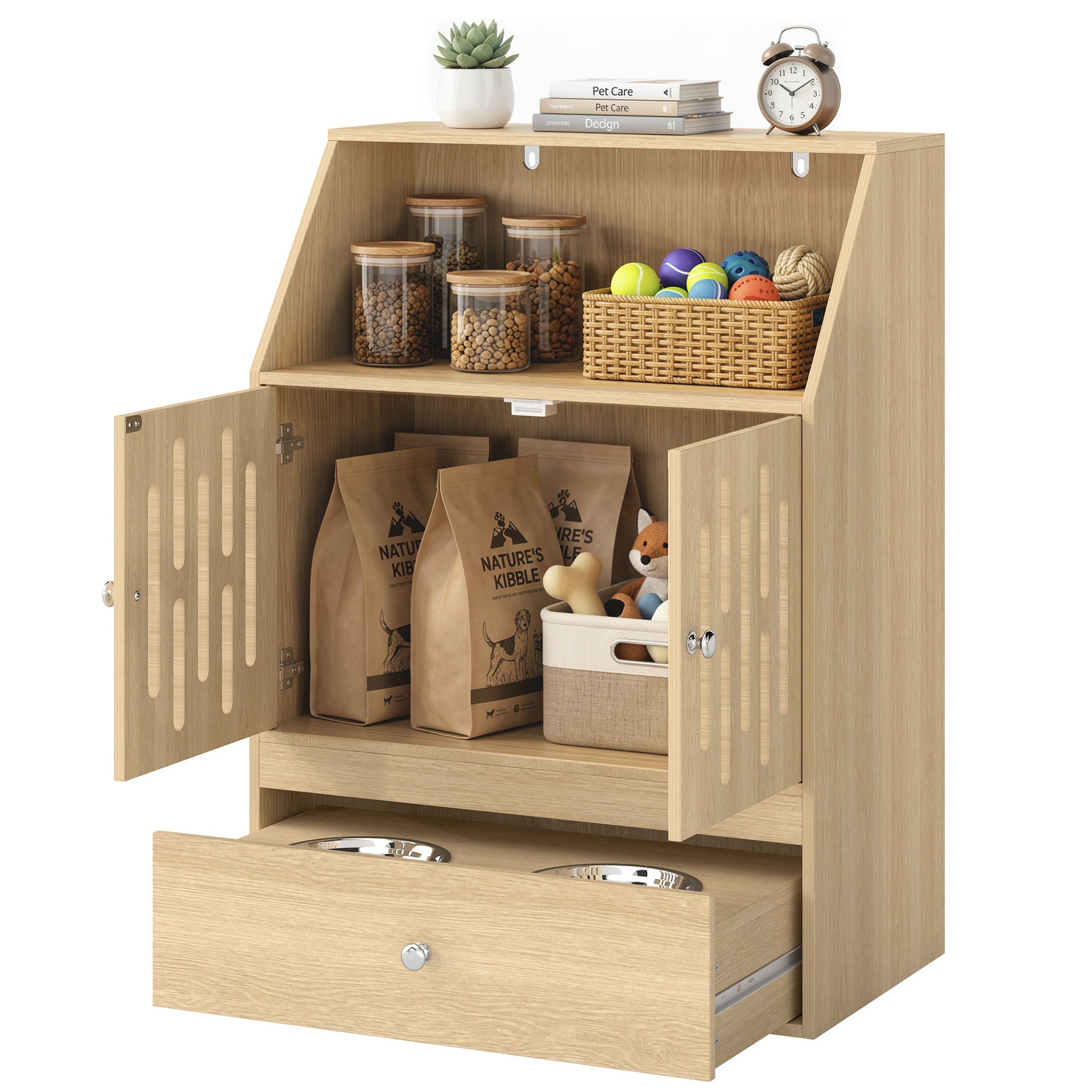 PawHut Dog Feeding Station, Pet Food Storage Cabinet with 2 Elevated Bowls & Slow-Feed Mat for Dogs & Cats