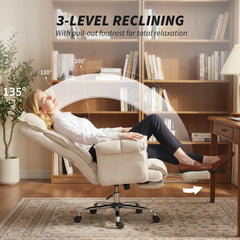 HOMCOM Executive Office Chair, Reclining Computer Chair with Footrest, High Back, Headrest, Adjustable Height, Cream White