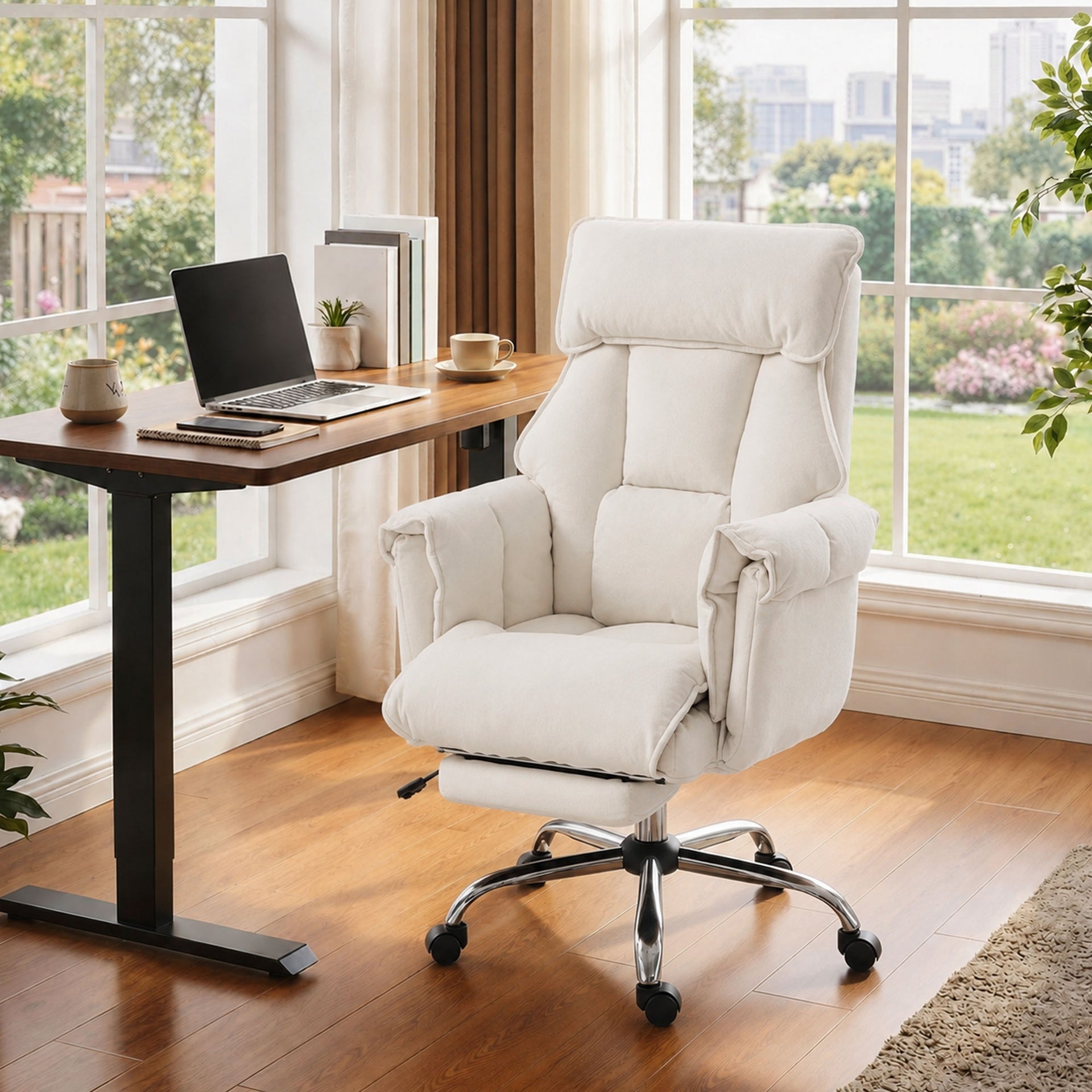 HOMCOM Executive Office Chair, Reclining Computer Chair with Footrest, High Back, Headrest, Adjustable Height, Cream White