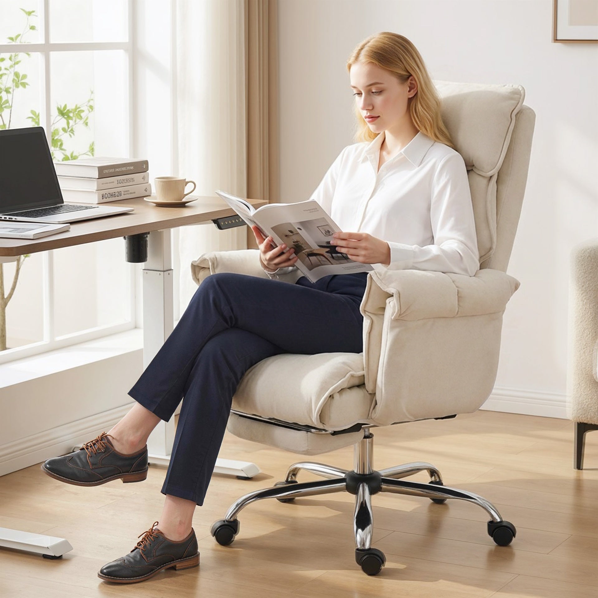 HOMCOM Executive Office Chair, Reclining Computer Chair with Footrest, High Back, Headrest, Adjustable Height, Cream White