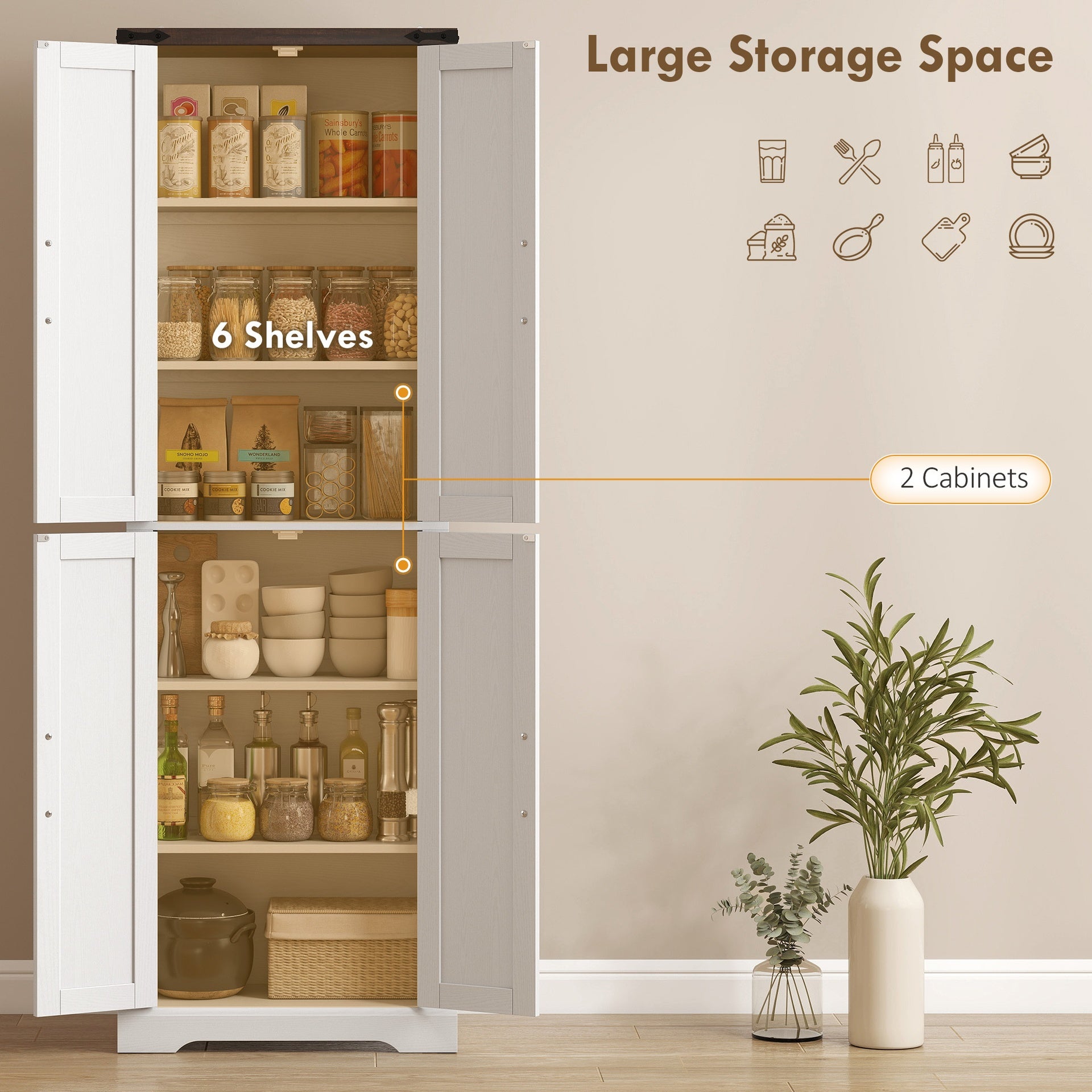 HOMCOM 72" Tall Pantry Cabinet, Farmhouse Freestanding Kitchen Storage Cabinet with Adjustable Shelves for Dining Room, White