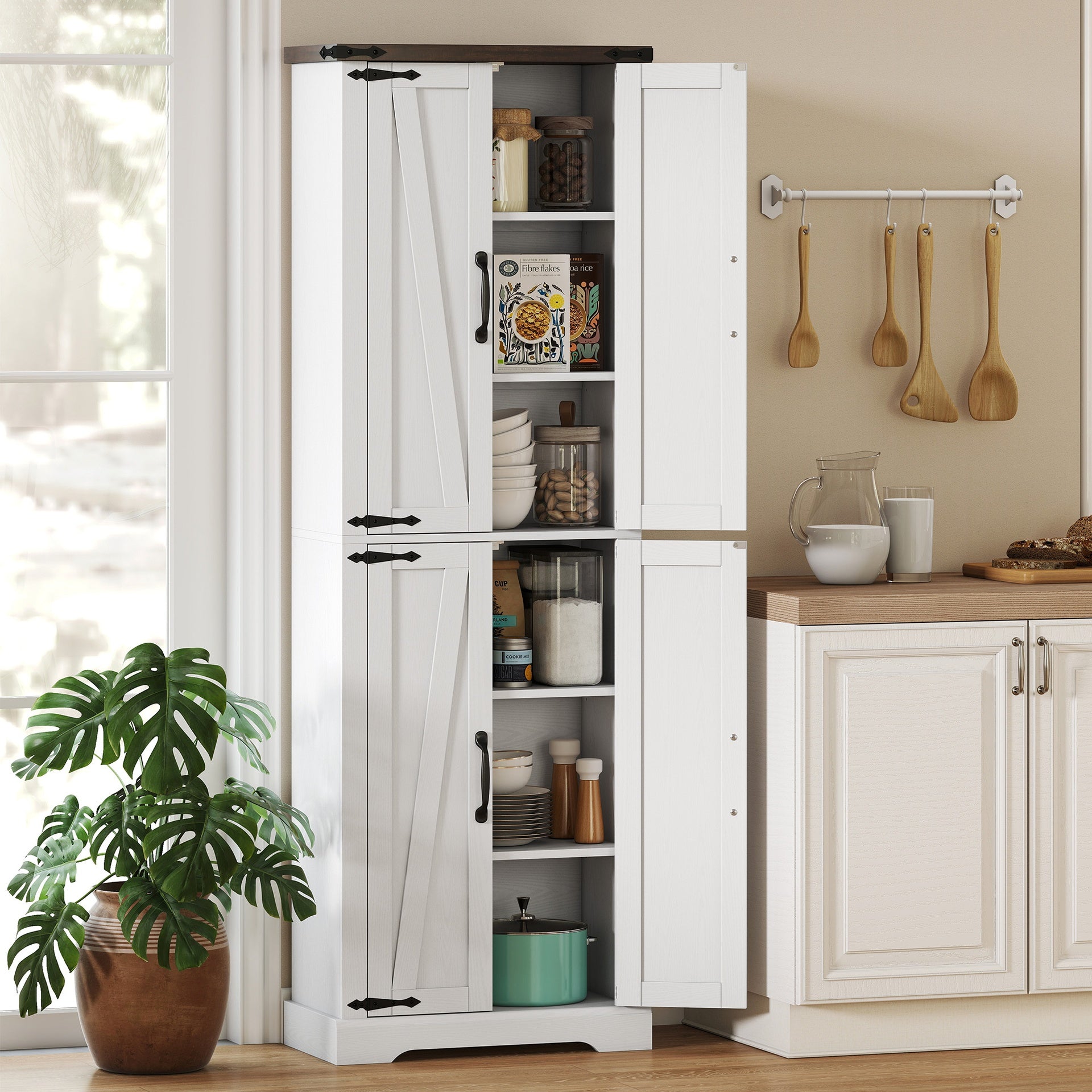 HOMCOM 72" Tall Pantry Cabinet, Farmhouse Freestanding Kitchen Storage Cabinet with Adjustable Shelves for Dining Room, White