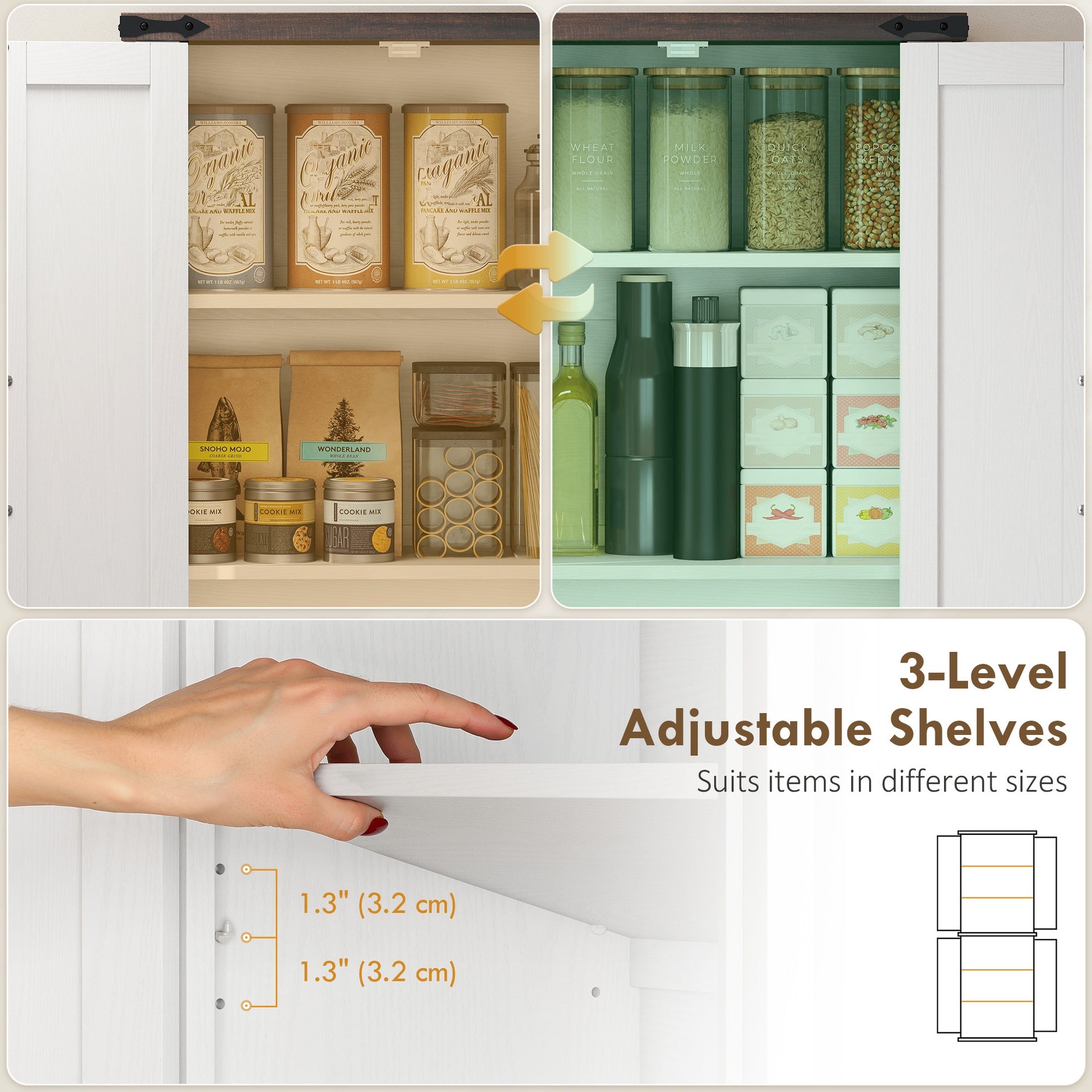 HOMCOM 72" Tall Pantry Cabinet, Farmhouse Freestanding Kitchen Storage Cabinet with Adjustable Shelves for Dining Room, White