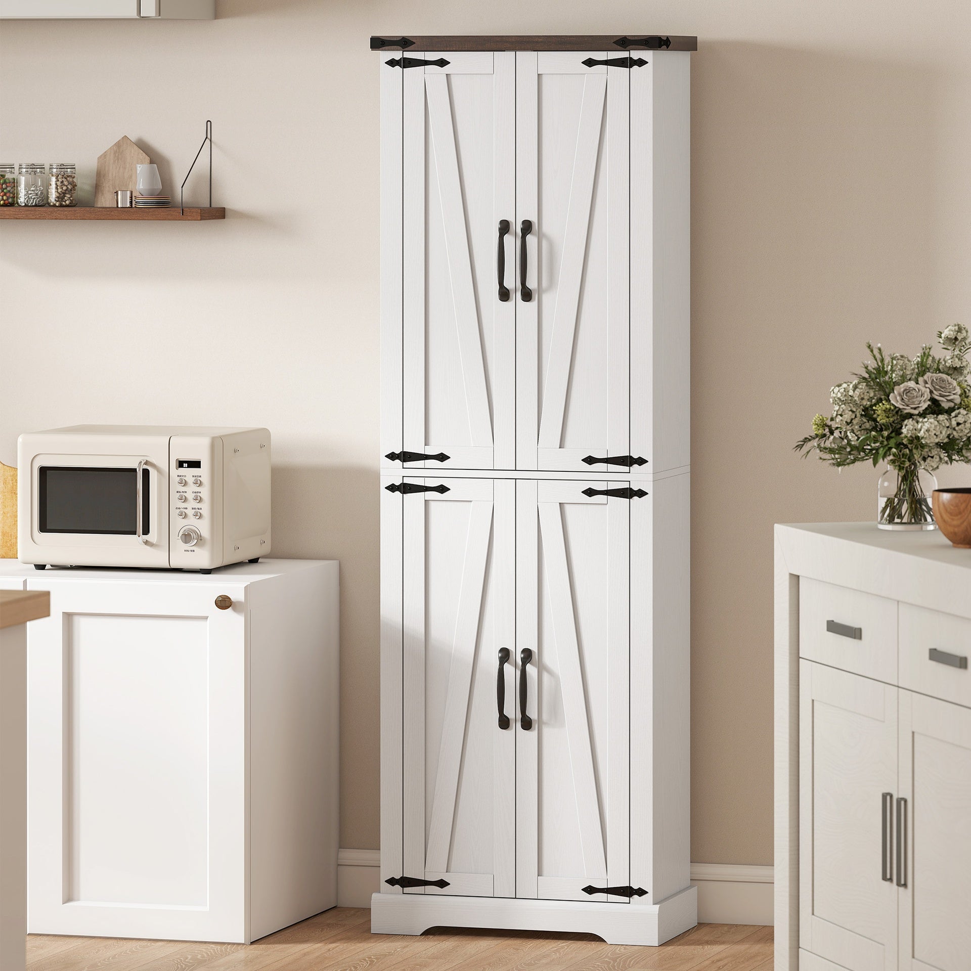 HOMCOM 72" Tall Pantry Cabinet, Farmhouse Freestanding Kitchen Storage Cabinet with Adjustable Shelves for Dining Room, White