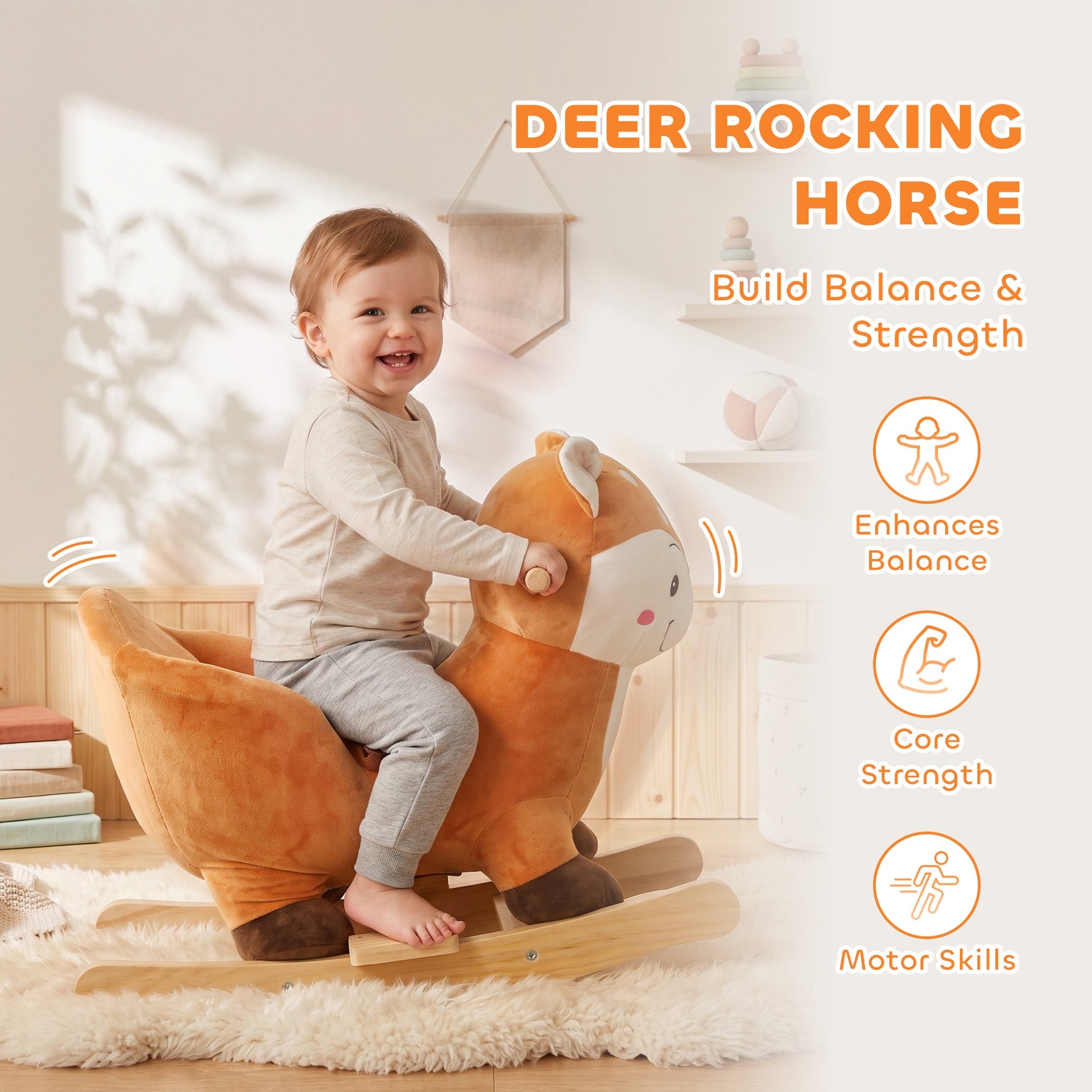 Qaba Baby Rocking Horse, Spotted Deer Rocking Horse Toy with Sounds, Seat Belt and Widened Base for Toddlers 1-3 Y, Brown
