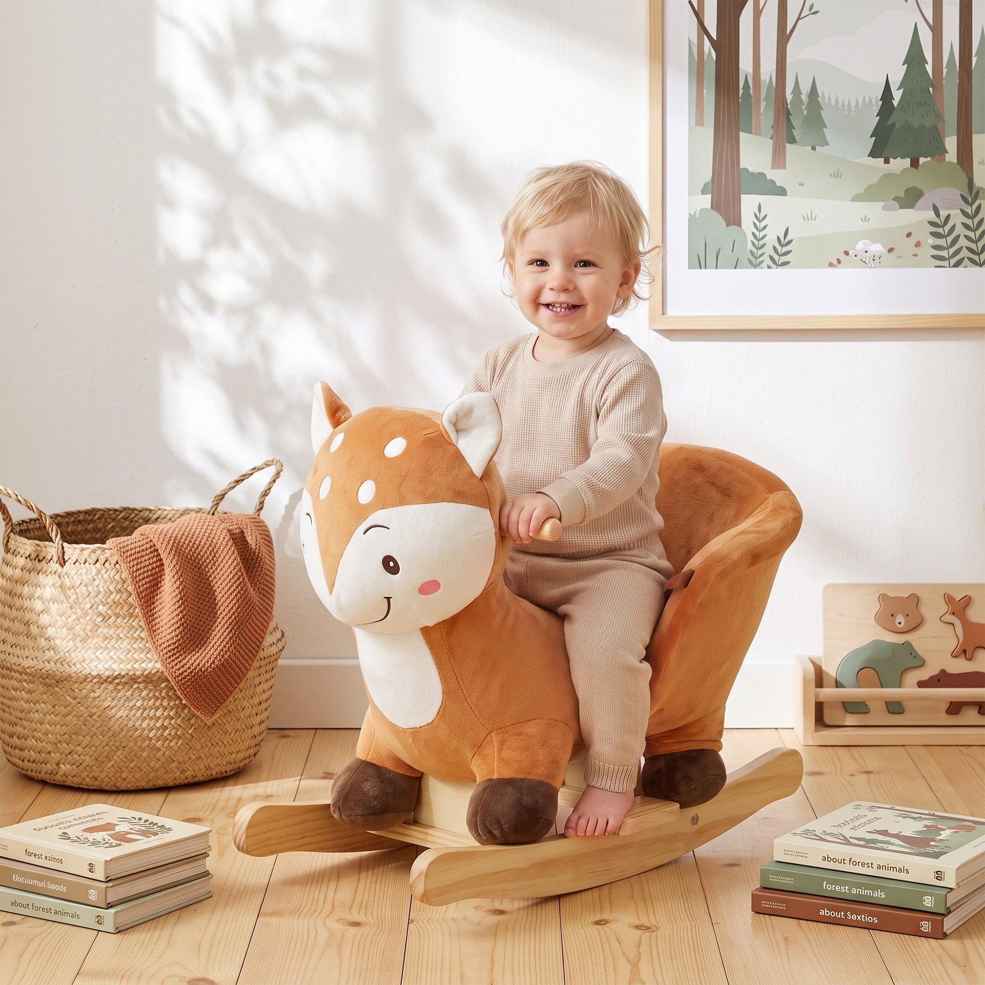Qaba Baby Rocking Horse, Spotted Deer Rocking Horse Toy with Sounds, Seat Belt and Widened Base for Toddlers 1-3 Y, Brown