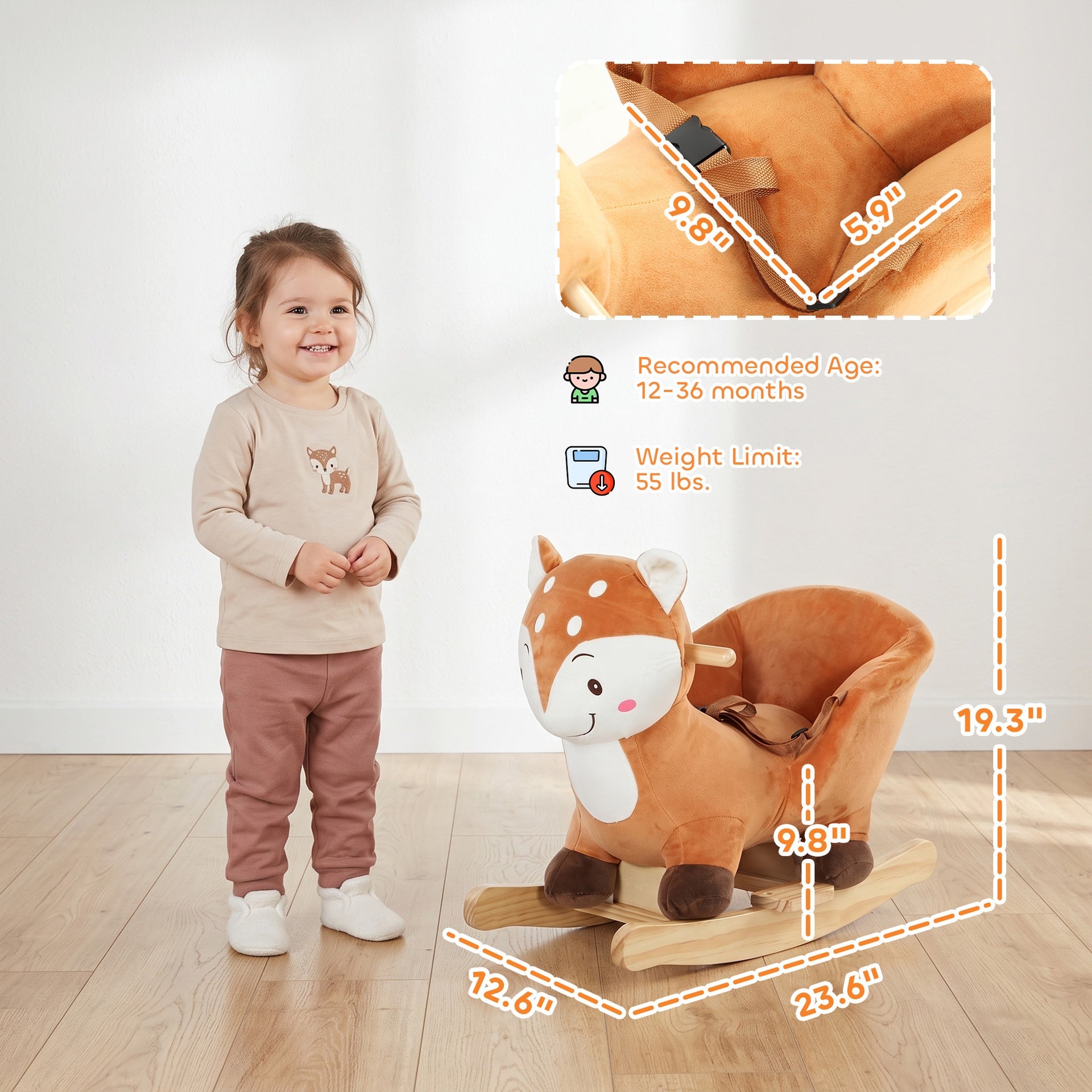 Qaba Baby Rocking Horse, Spotted Deer Rocking Horse Toy with Sounds, Seat Belt and Widened Base for Toddlers 1-3 Y, Brown