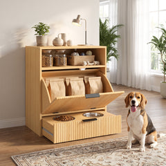 PawHut Dog Feeding Station with Storage, Hidden Pet Feeding Station with 2 Elevated Bowls, Tilt Out Storage Cabinet
