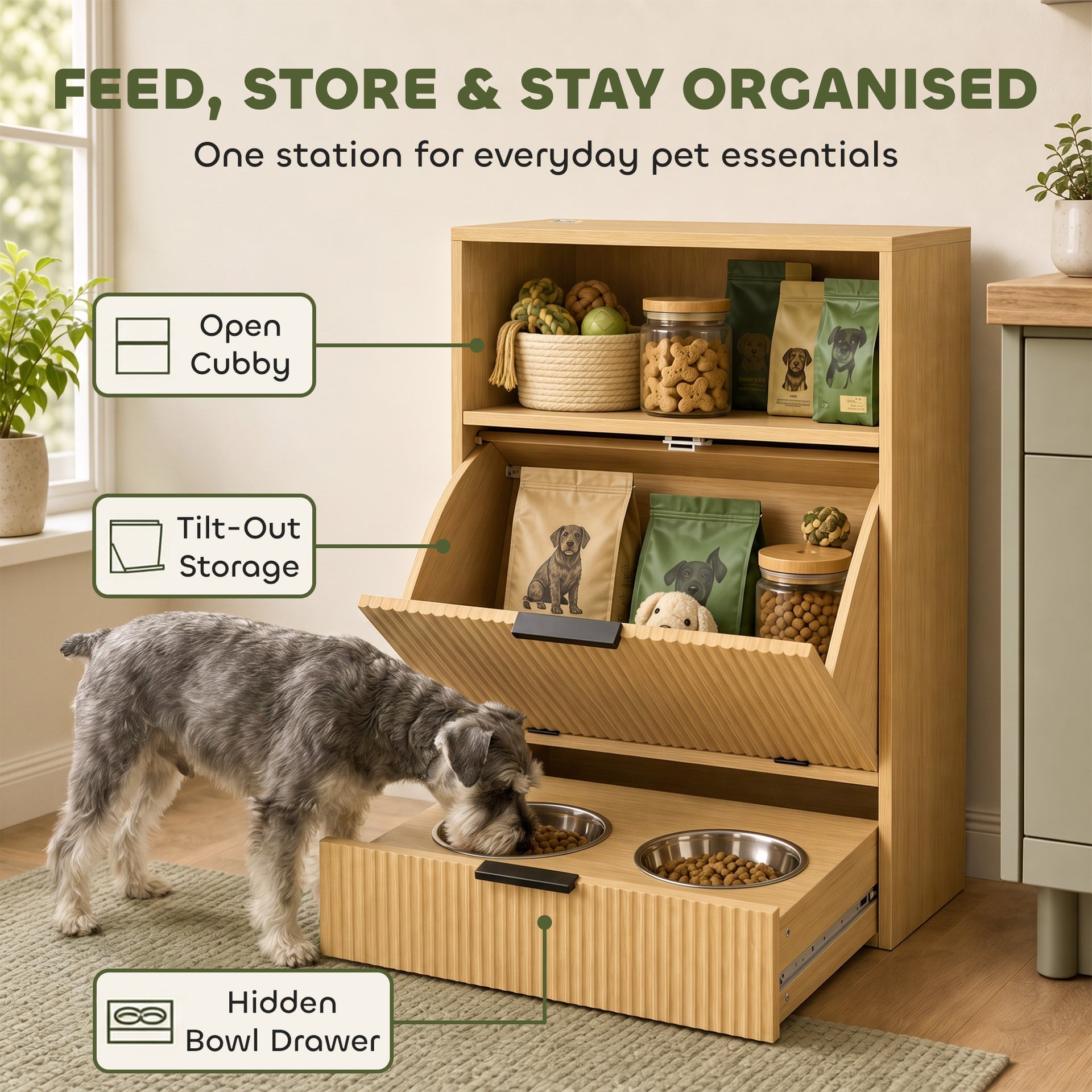 PawHut Dog Feeding Station with Storage, Hidden Pet Feeding Station with 2 Elevated Bowls, Tilt Out Storage Cabinet