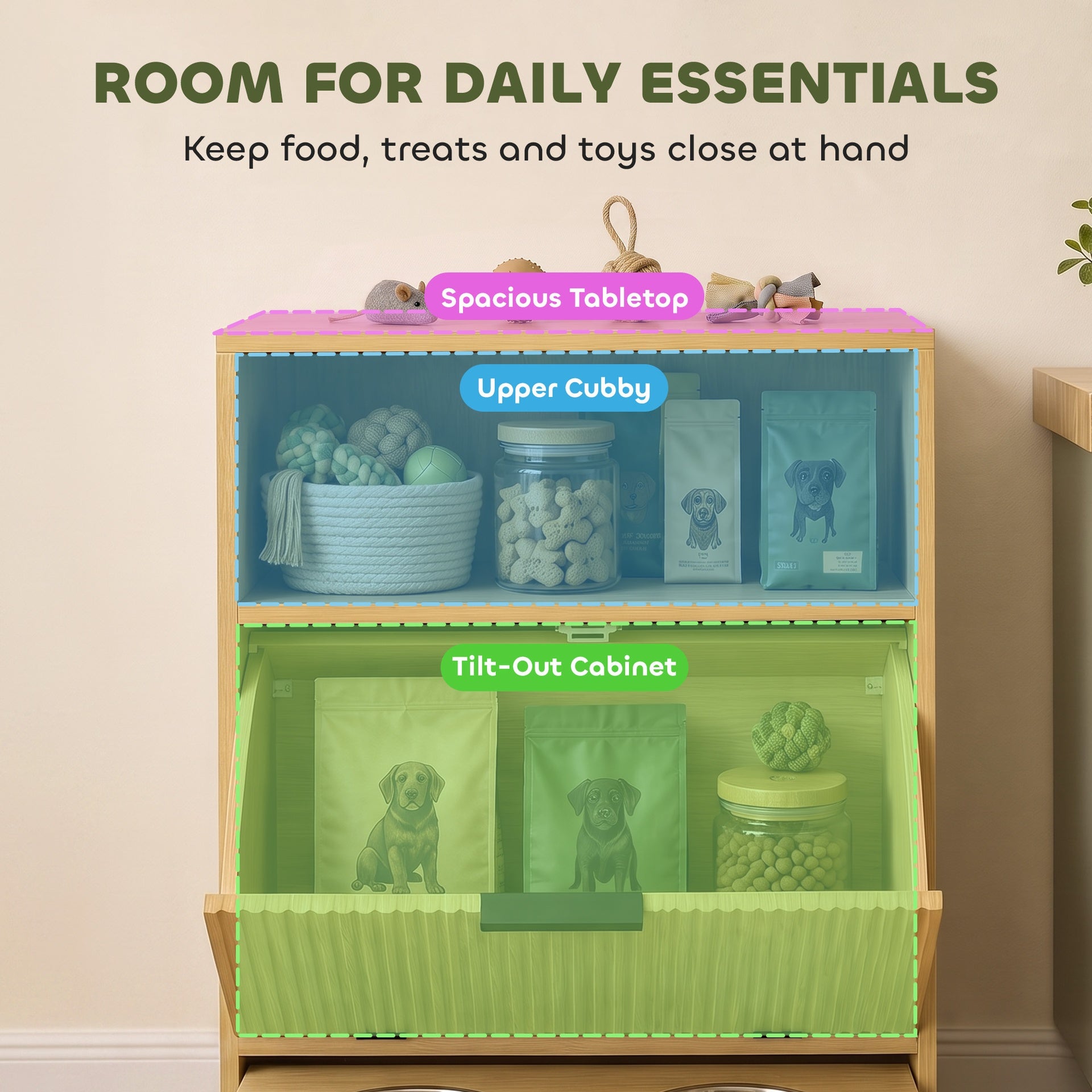 PawHut Dog Feeding Station with Storage, Hidden Pet Feeding Station with 2 Elevated Bowls, Tilt Out Storage Cabinet