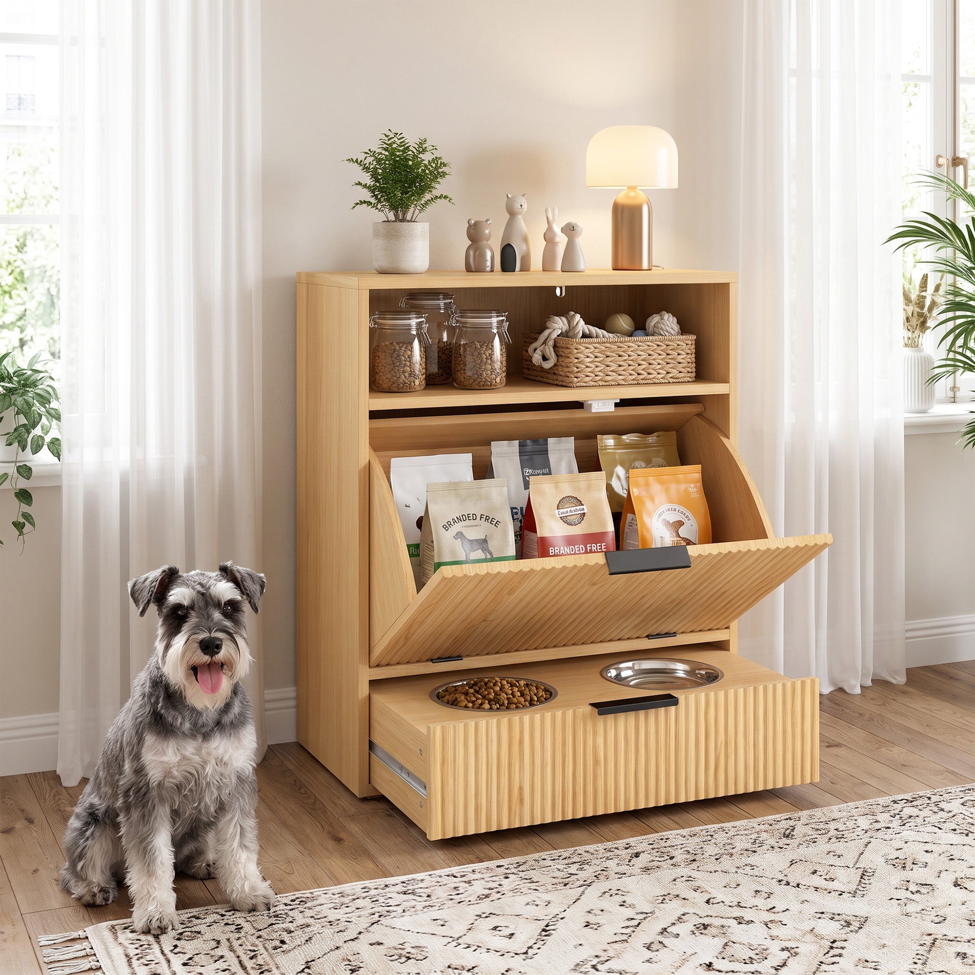 PawHut Dog Feeding Station with Storage, Hidden Pet Feeding Station with 2 Elevated Bowls, Tilt Out Storage Cabinet