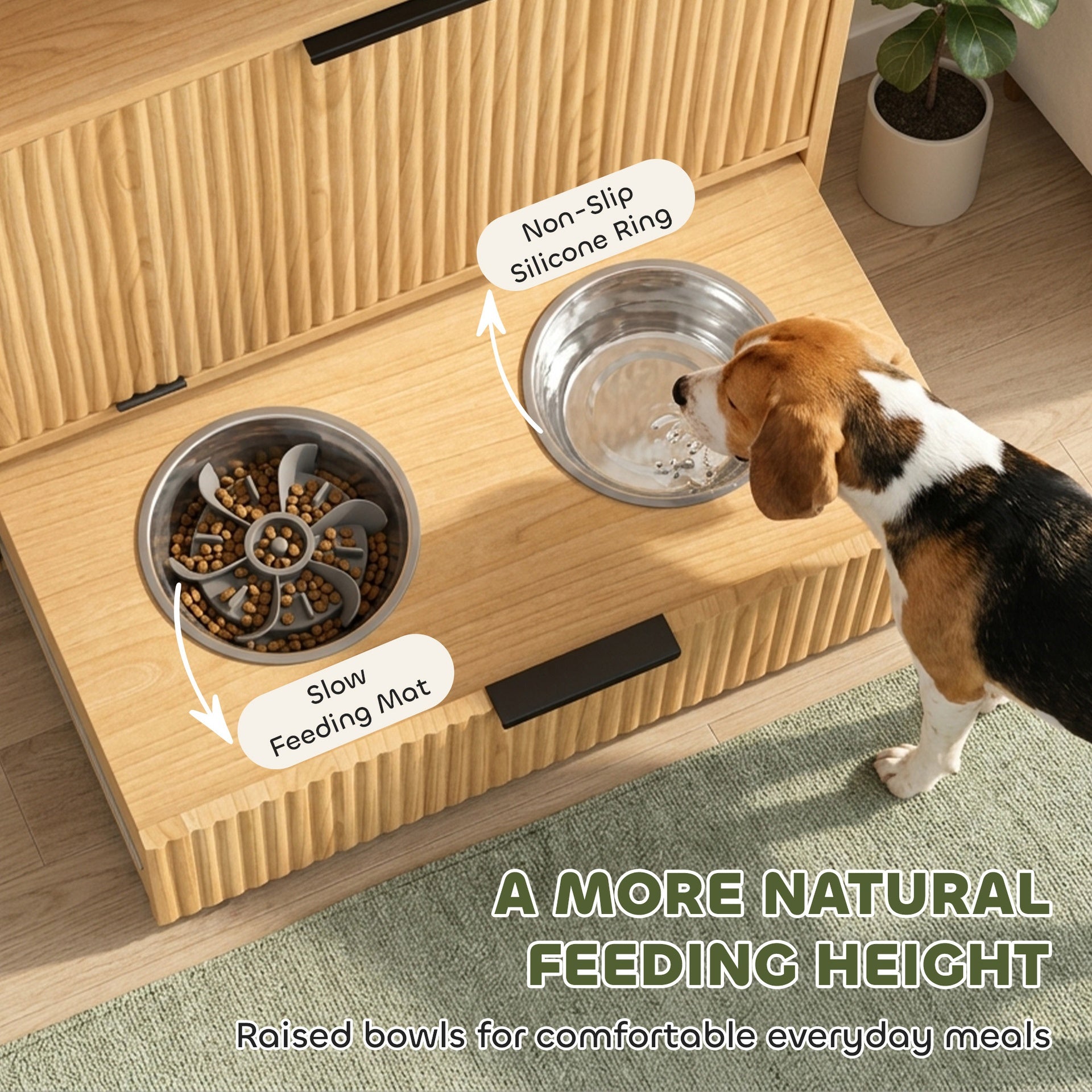 PawHut Dog Feeding Station with Storage, Hidden Pet Feeding Station with 2 Elevated Bowls, Tilt Out Storage Cabinet