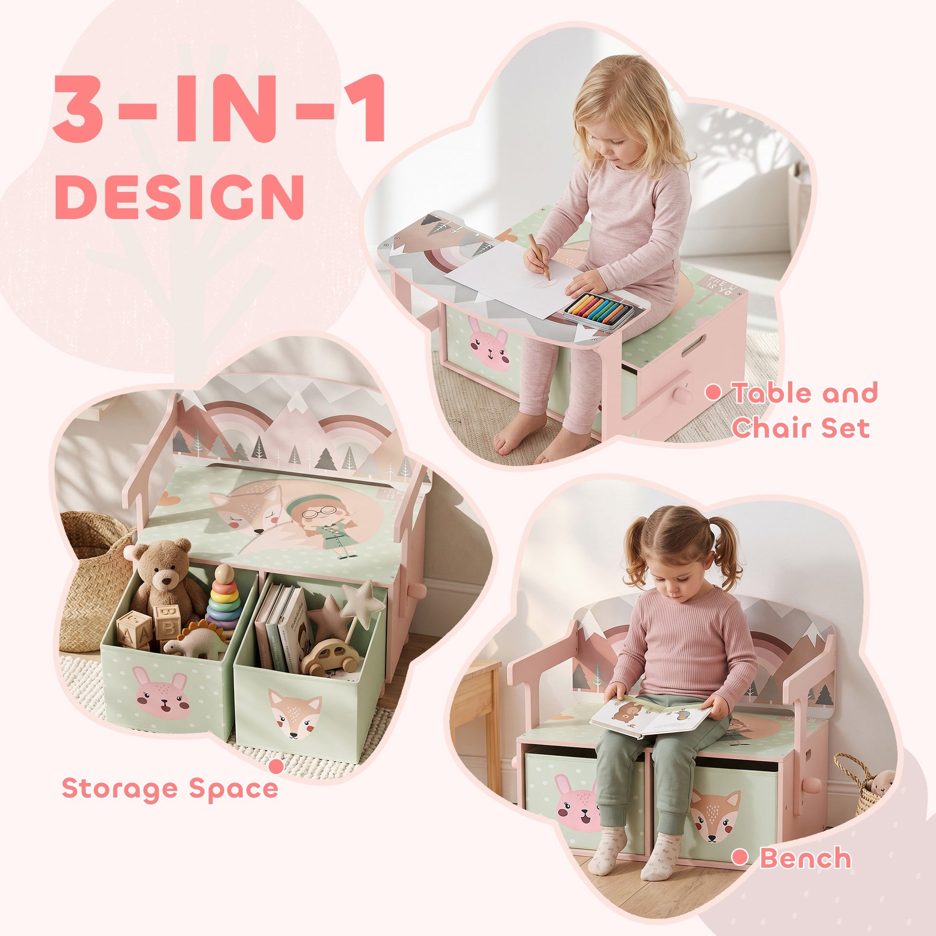 Qaba Kids Toy Box Chest, 3-in-1 Convertible Storage Chest with 2 Non-Woven Drawers for Bedroom, Kids Room for Ages 3-6, Pink