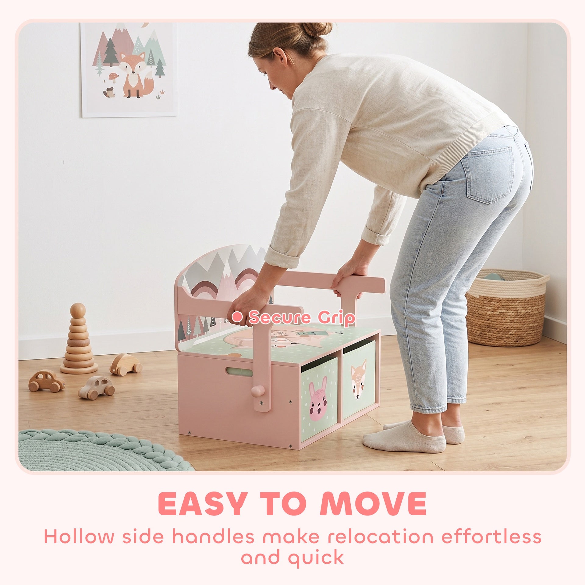 Qaba Kids Toy Box Chest, 3-in-1 Convertible Storage Chest with 2 Non-Woven Drawers for Bedroom, Kids Room for Ages 3-6, Pink