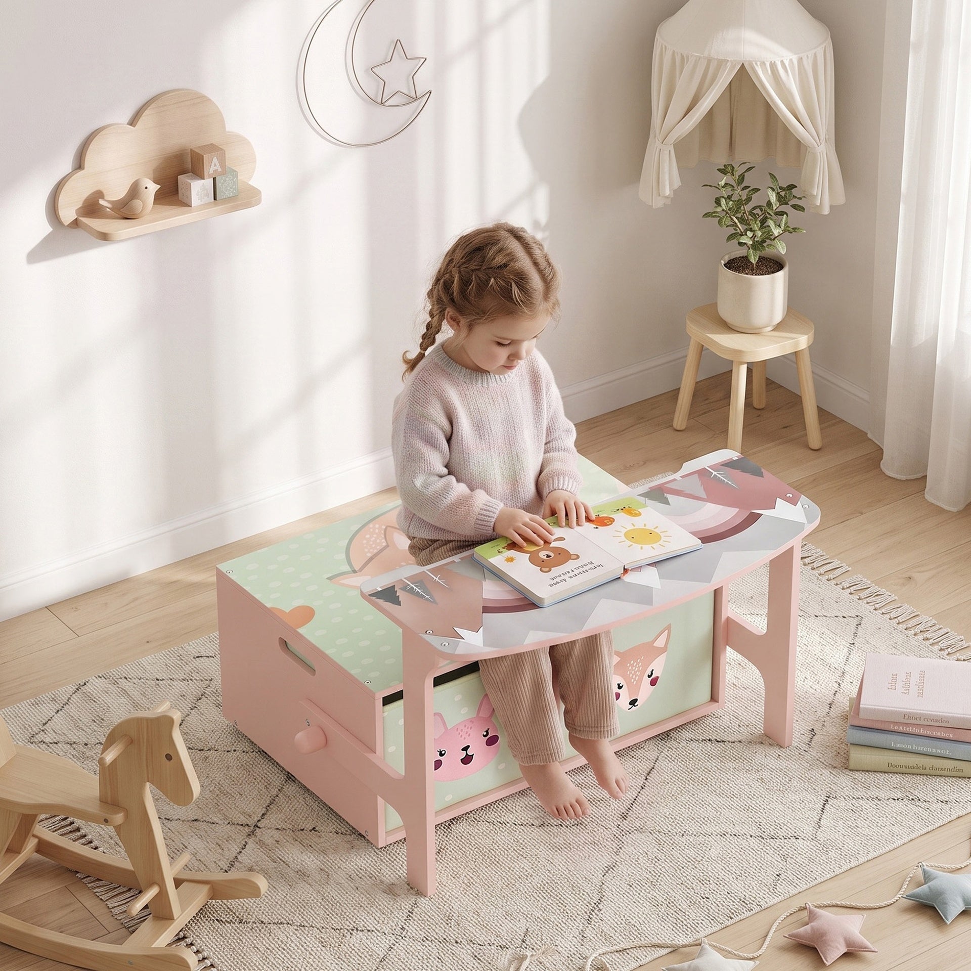 Qaba Kids Toy Box Chest, 3-in-1 Convertible Storage Chest with 2 Non-Woven Drawers for Bedroom, Kids Room for Ages 3-6, Pink