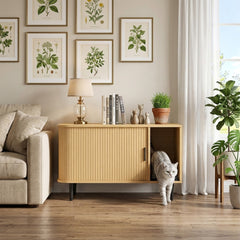 PawHut Cat Litter Box Enclosure with Sliding Door, Litter Mat, Modern Cat House, TV Stand, Side End Table for Living Room