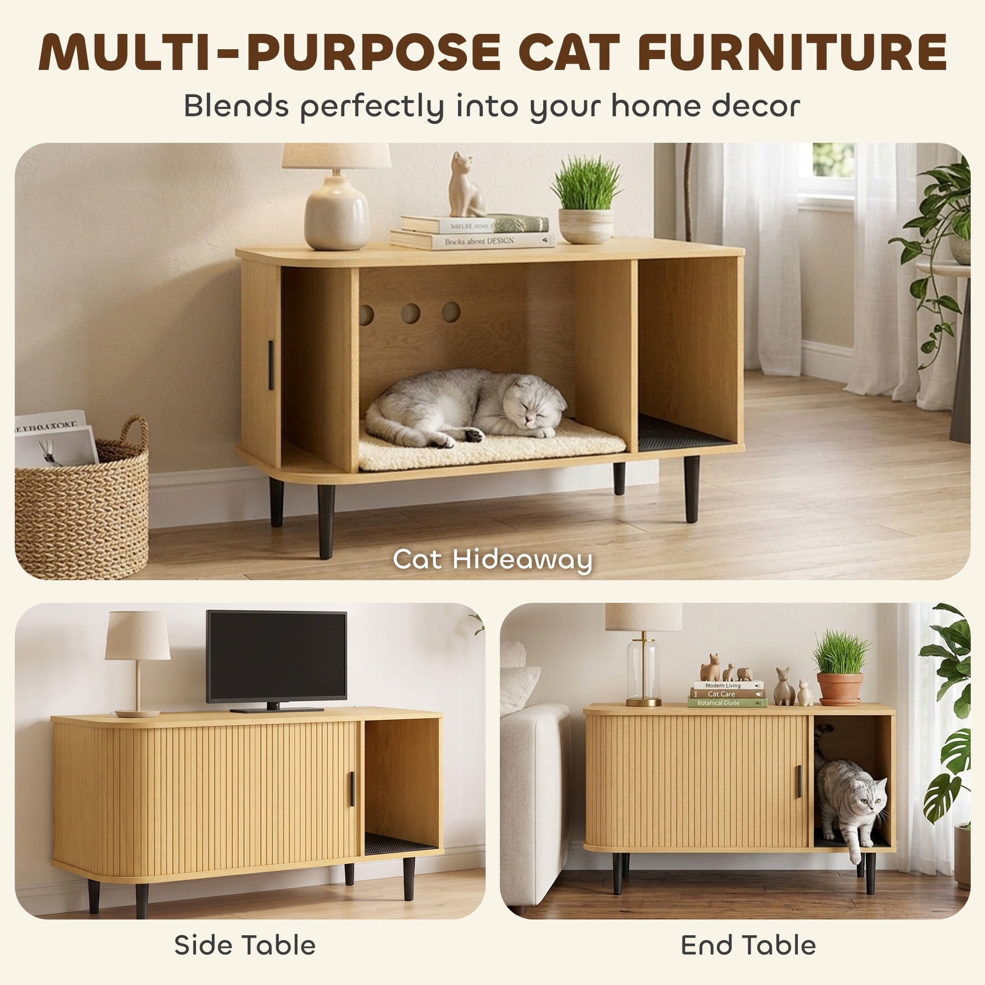 PawHut Cat Litter Box Enclosure with Sliding Door, Litter Mat, Modern Cat House, TV Stand, Side End Table for Living Room