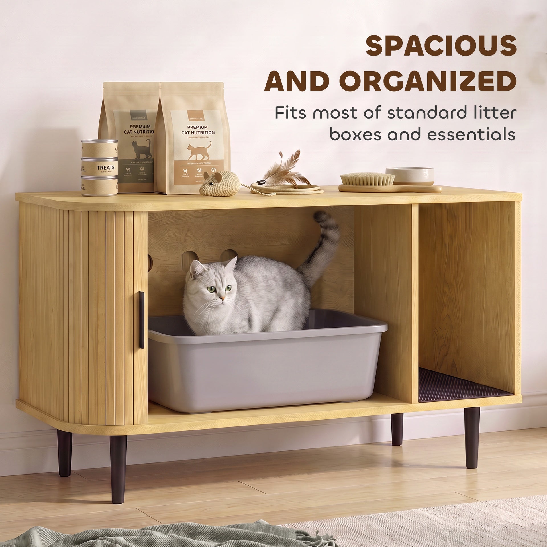 PawHut Cat Litter Box Enclosure with Sliding Door, Litter Mat, Modern Cat House, TV Stand, Side End Table for Living Room