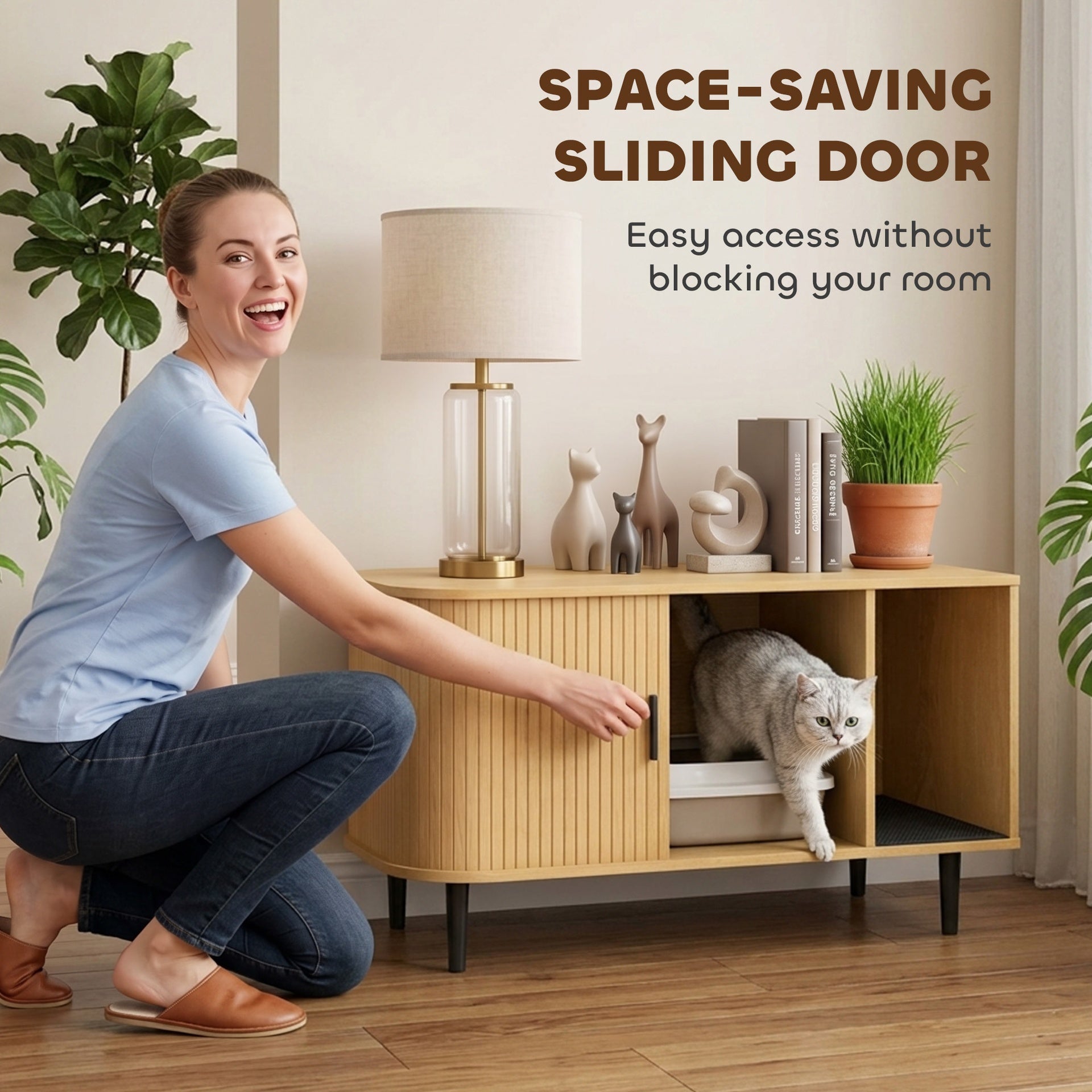 PawHut Cat Litter Box Enclosure with Sliding Door, Litter Mat, Modern Cat House, TV Stand, Side End Table for Living Room
