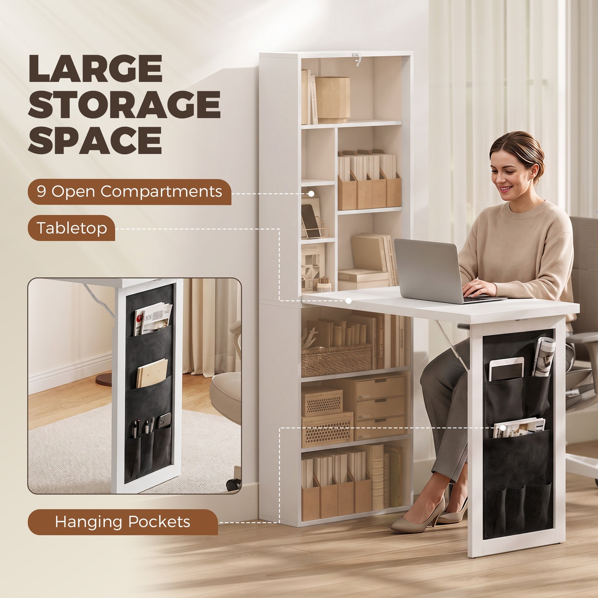 HOMCOM Foldable Convertible Writing Table with Storage Shelves, Bag, Wall-Mounted Space-Saving Computer Desk, White