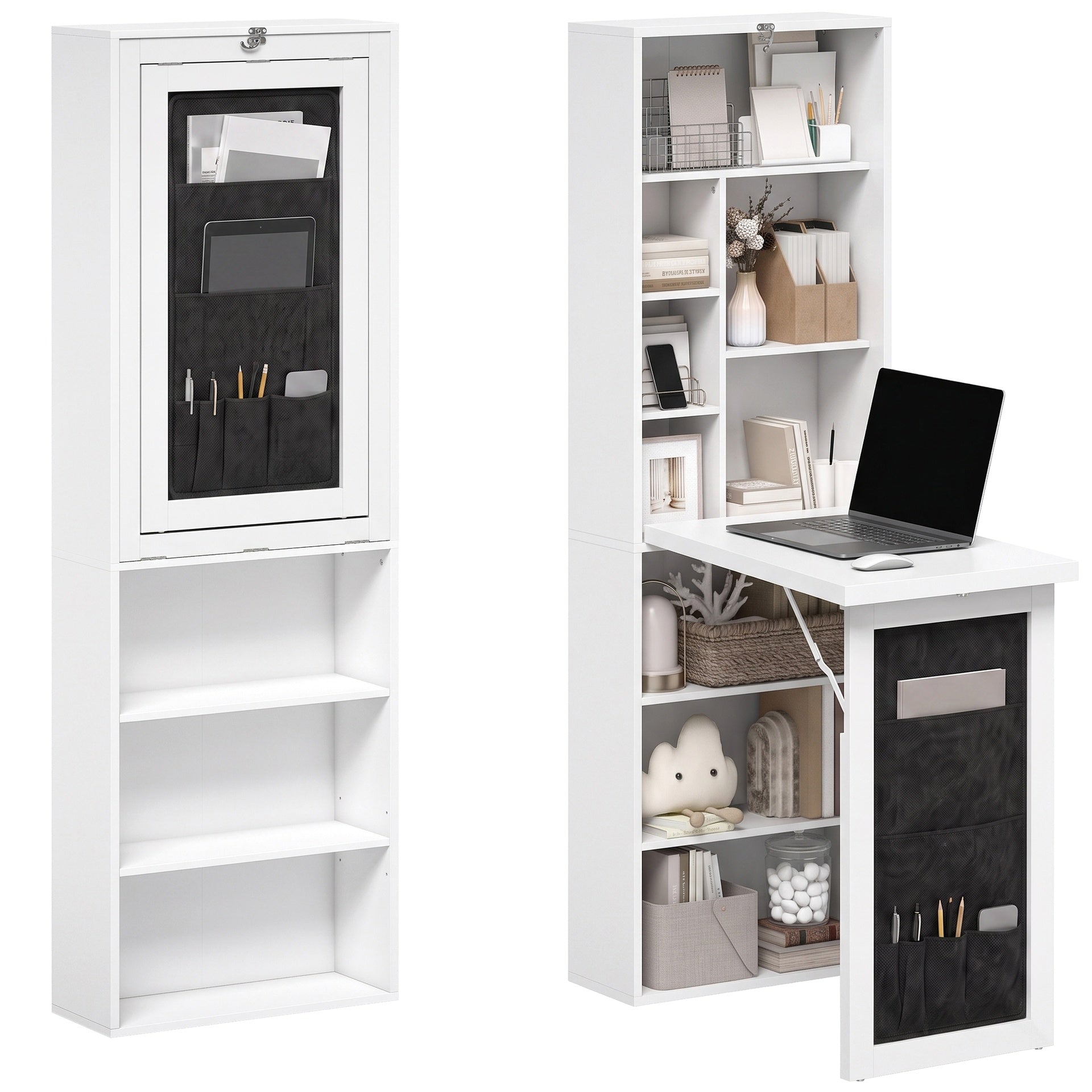 HOMCOM Foldable Convertible Writing Table with Storage Shelves, Bag, Wall-Mounted Space-Saving Computer Desk, White