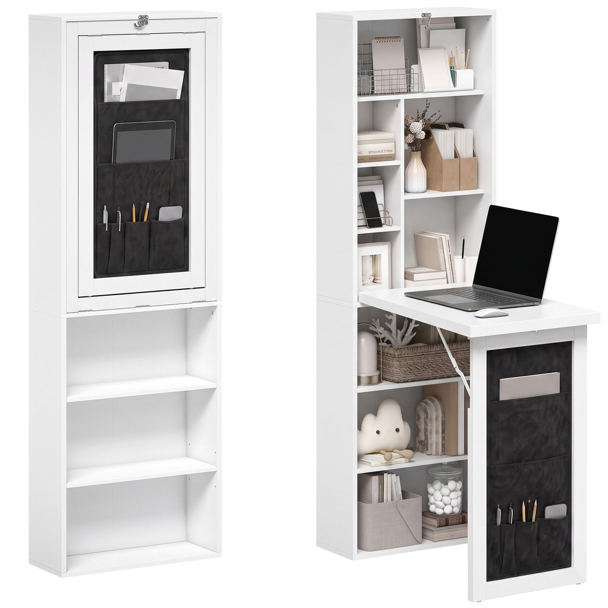 HOMCOM Foldable Convertible Writing Table with Storage Shelves, Bag, Wall-Mounted Space-Saving Computer Desk, White