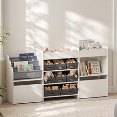 Qaba Kids Toy Storage Organizer, Kids Bookshelf with 8 Fabric Bins, 2 Rolling Drawers, Open Shelves for Kids Room, White