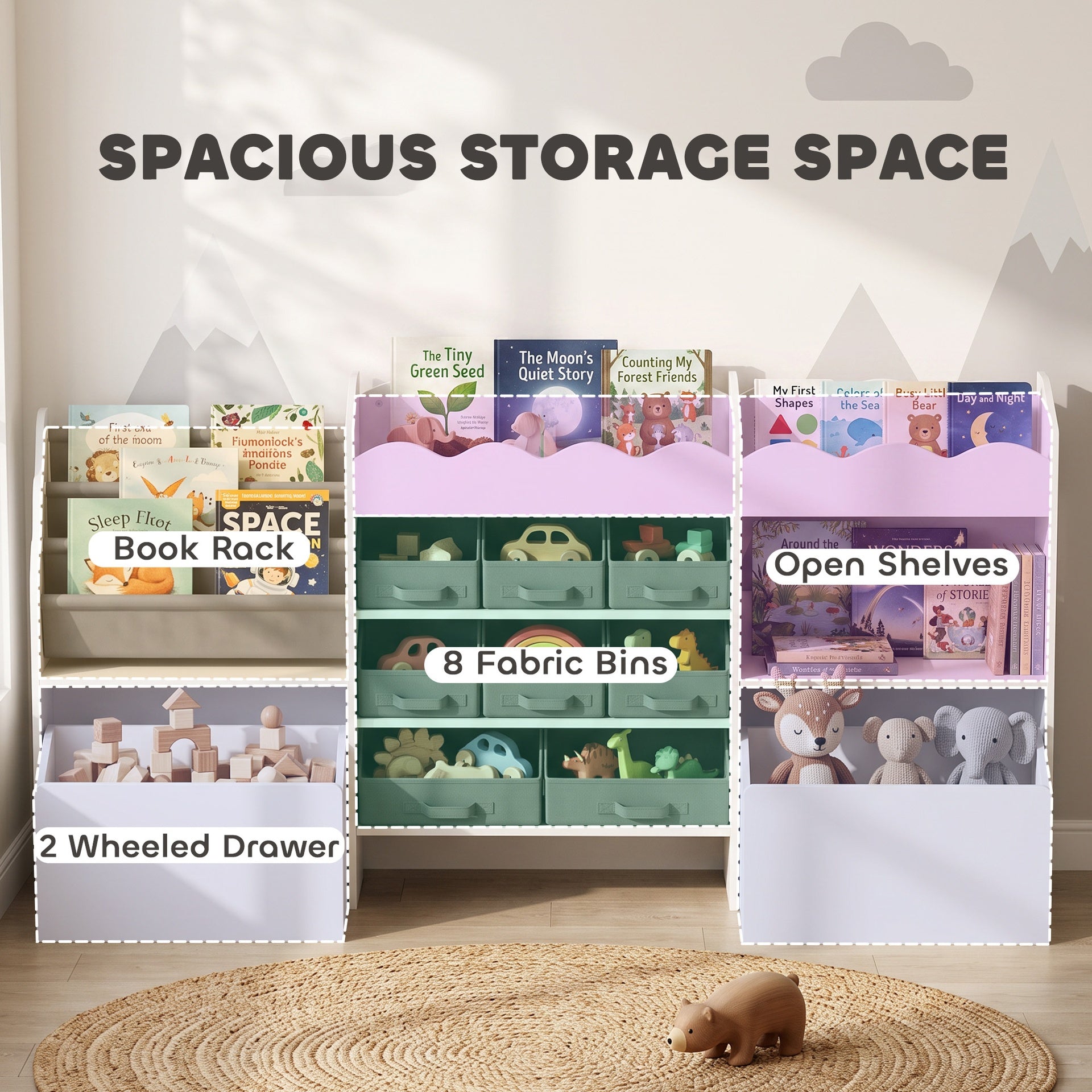 Qaba Kids Toy Storage Organizer, Kids Bookshelf with 8 Fabric Bins, 2 Rolling Drawers, Open Shelves for Kids Room, White