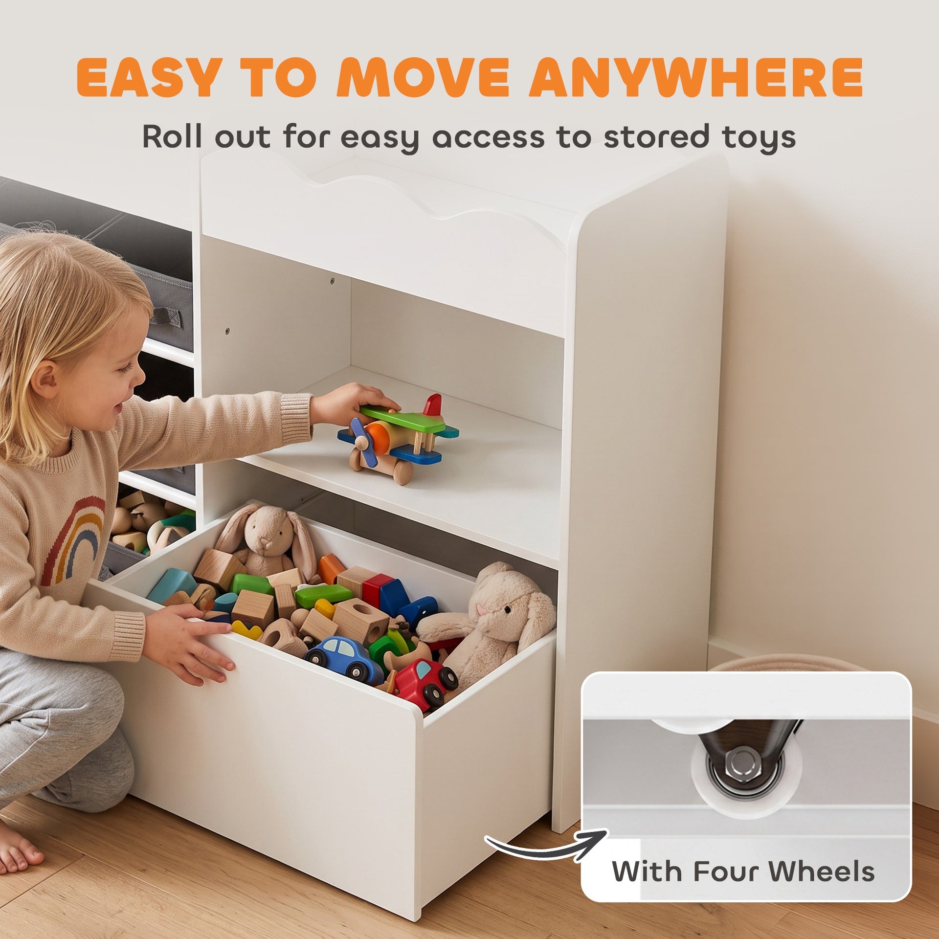 Qaba Kids Toy Storage Organizer, Kids Bookshelf with 8 Fabric Bins, 2 Rolling Drawers, Open Shelves for Kids Room, White