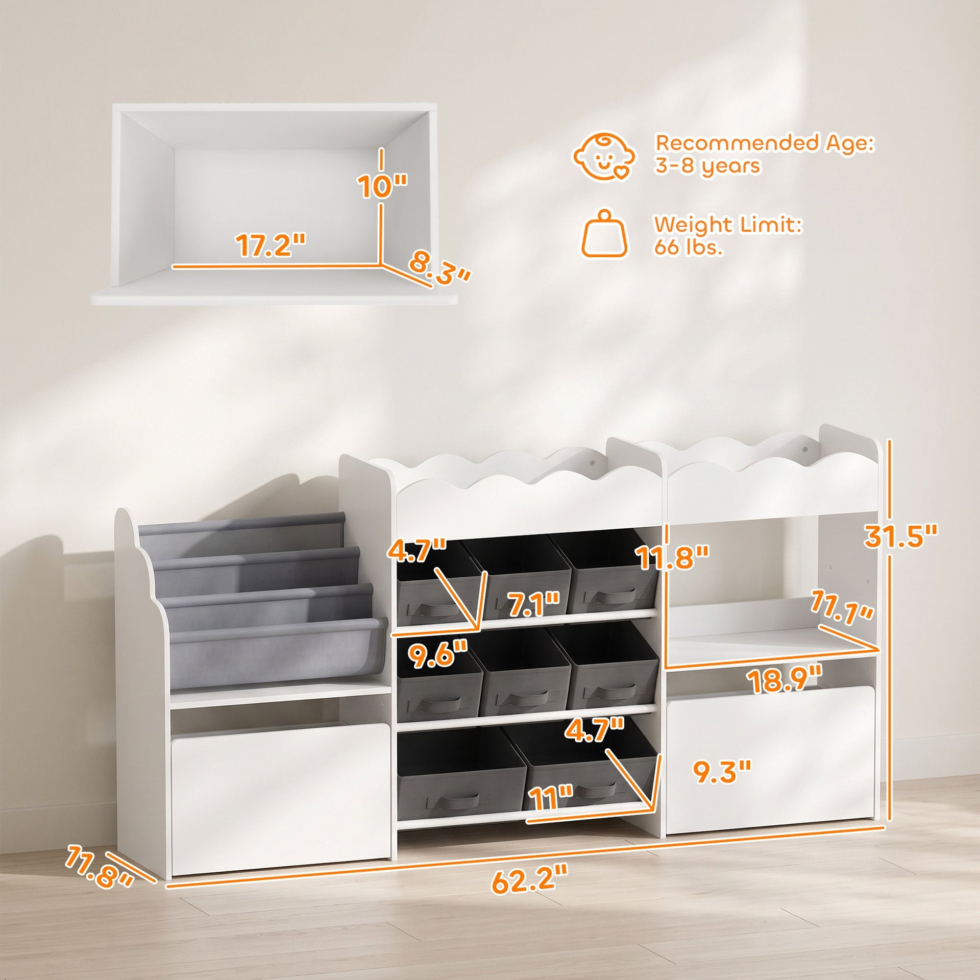 Qaba Kids Toy Storage Organizer, Kids Bookshelf with 8 Fabric Bins, 2 Rolling Drawers, Open Shelves for Kids Room, White