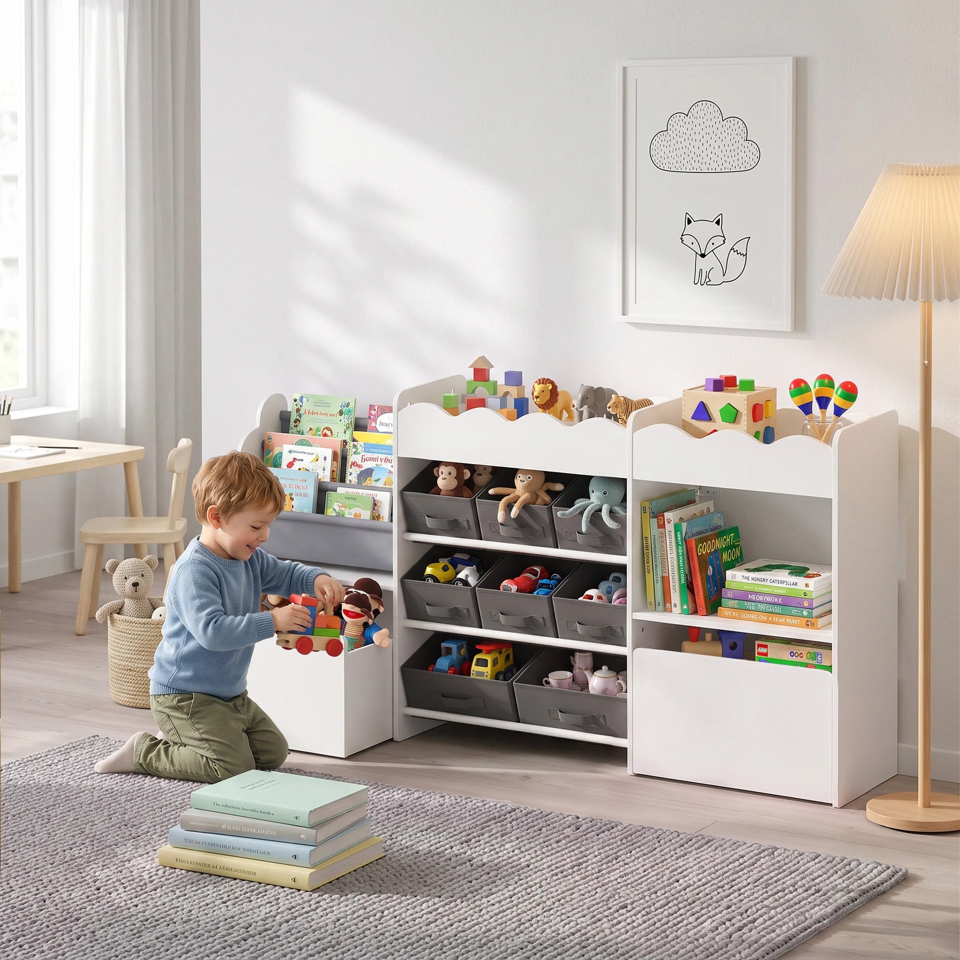 Qaba Kids Toy Storage Organizer, Kids Bookshelf with 8 Fabric Bins, 2 Rolling Drawers, Open Shelves for Kids Room, White