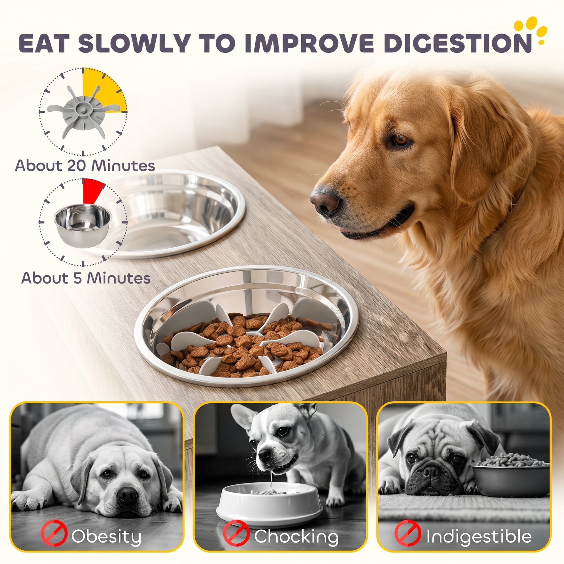 PawHut Elevated Dog Bowls with Storage Cabinet,  2 Stainless Steel Bowls, Slow Feeder, Dog Feeding Station for Large Dogs, Brown Wood Grain